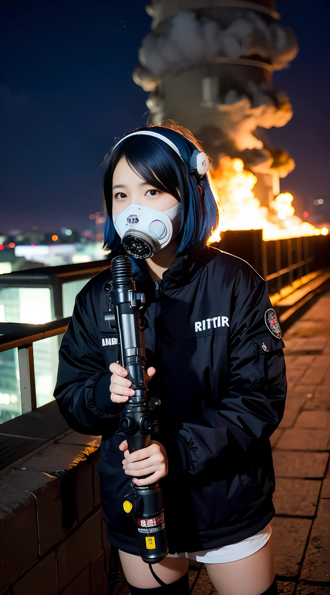 Riot, nuclear power plant on background, terrorist group, fluorescent headgear, short hair, blue hair, firing from flamethrower, girl, 14 years old,igh socks, rooftop at night, city on the background is burning