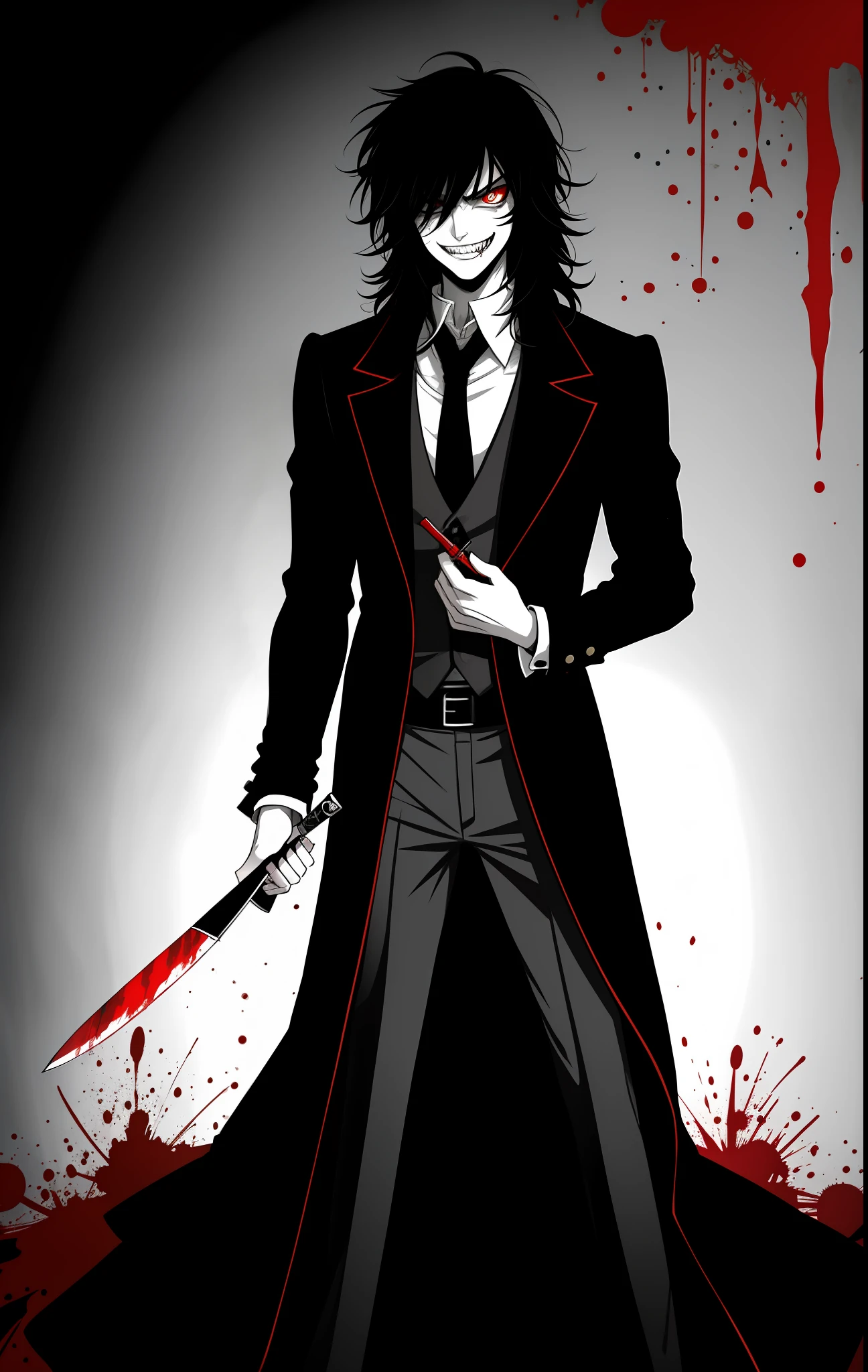 Tall young man holding a knife, evil aura, evil smile, evil look, murderer, serial killer, noble Victorian era outfit, blood skin face, horrifying smile, messy hair, crazy, mouth of Jeff the killer