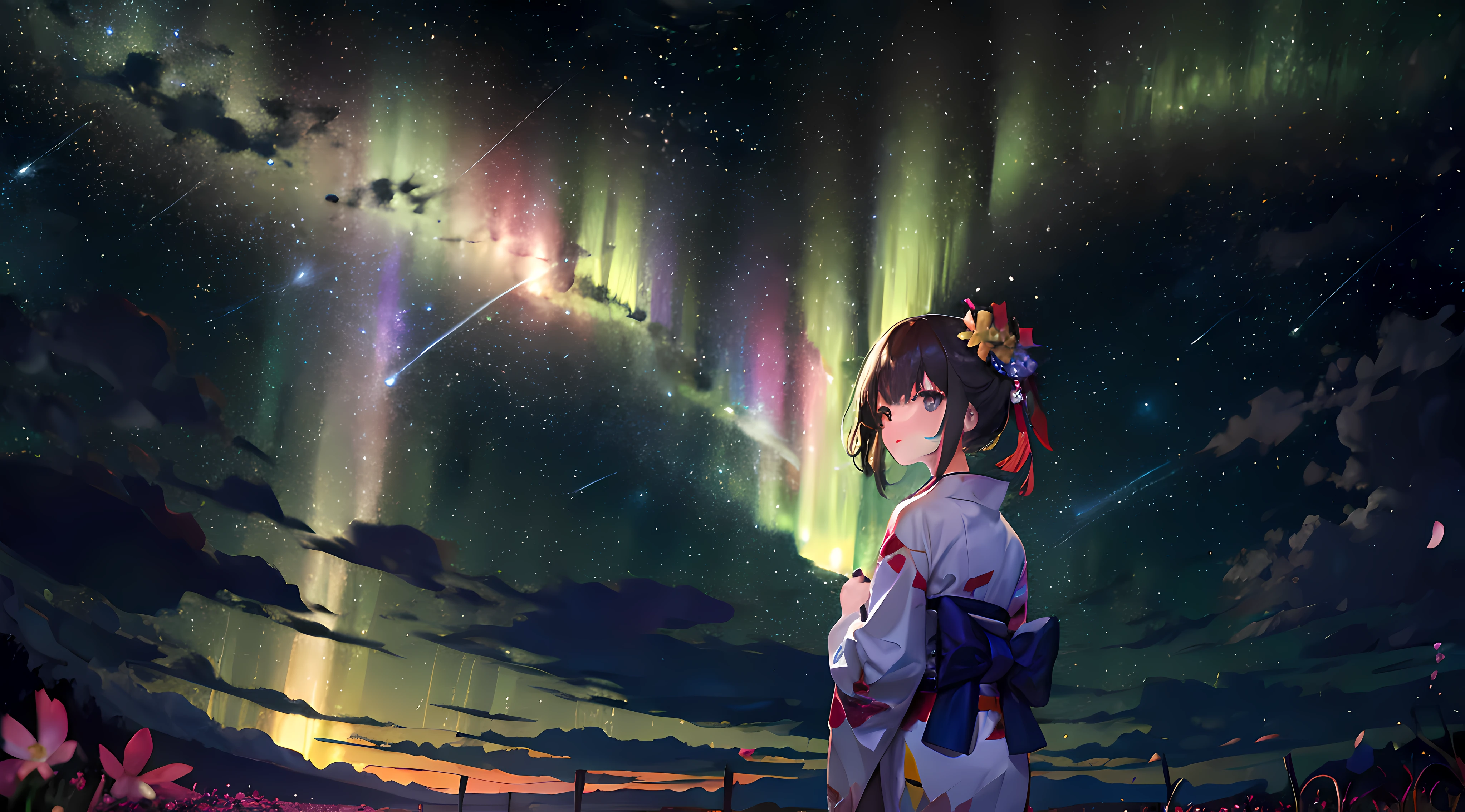 1girl, a distant girl in a kimono staring at the stars, (zoomed out: 1.1), (meteor shower: 1.2), (comet: 1.1), your name, low angle, from behind, northern lights, shooting stars, yukata, red kimono, cherry blossoms, Standing in the field, best quality, masterpiece, cloud, colorful, starry, stars,