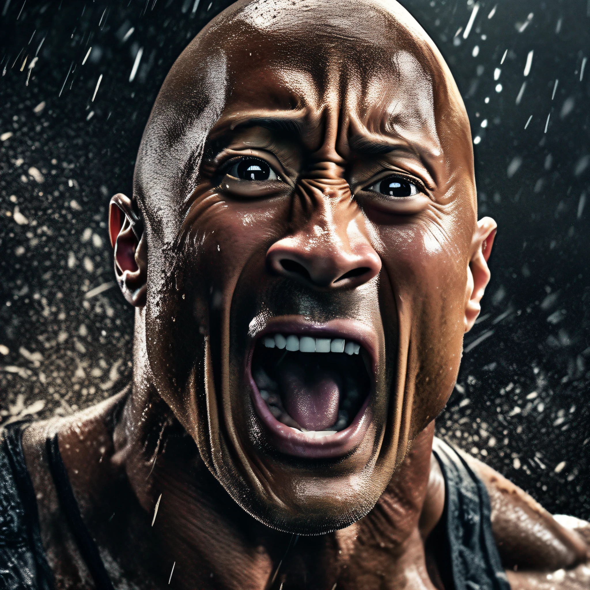 A close up photo of Dwayne Johnson, screaming expression, dramatic and stunning award winning photo, dramatic linear delicacy, shot on Sony aiii high resolution digital camera, hyper realistic skin, big skin pores, big nerves on head, realistic wrinkles, hyper contrast, sweat dripping down face, raised spots on the skin, global illumination, very natural features, TIME cover photo, f/ 11