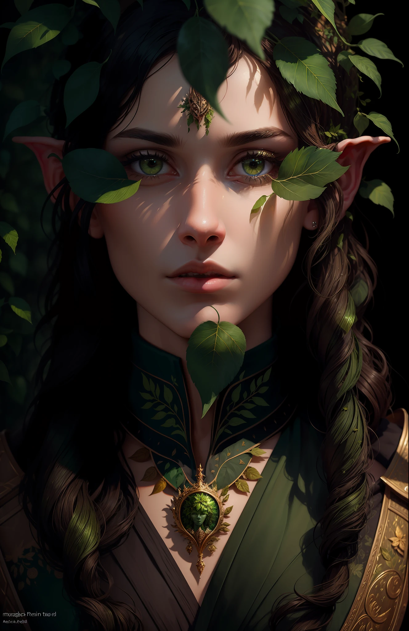 ((best quality)), ((masterpiece)), ((realistic)), dryad, full body, the hair is composed of countless small green leaves, green and shiny eyes, male face, metal carved top, royal aura, trend on artstation , sharp focus, studio photo, intricate detail, very detailed, detailed eye, illustration, very detailed, sharp focus, digital render, professional, 4k
