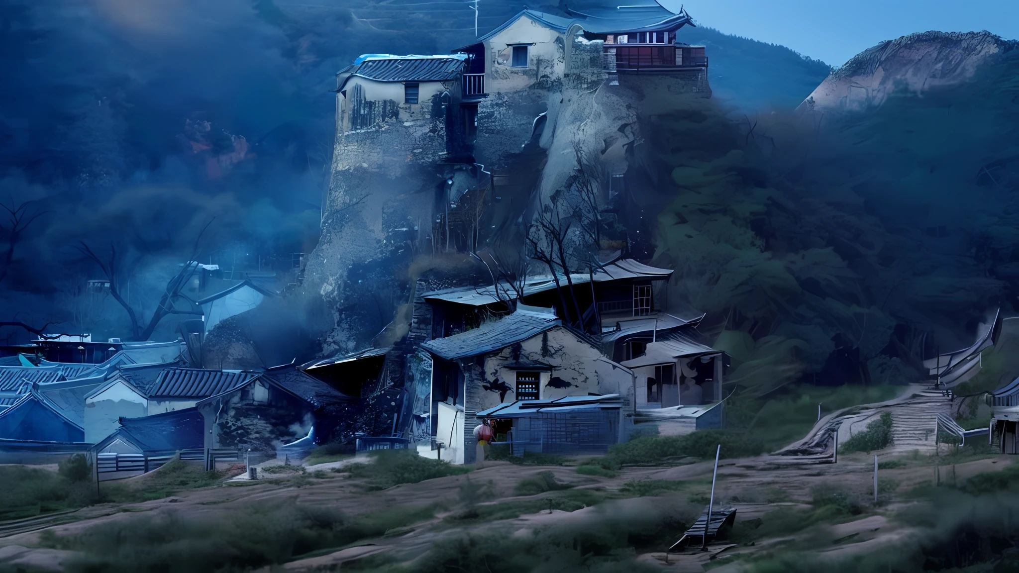 There is a very tall building on the hillside, Chinese village, fantastic Chinese town, historical background, mountain fortress city, white stone ancient city, city, village, ancient Asian village, ancient Chinese architecture, highlights, visually stunning beautiful blue abandoned war-ravaged village, ancient village, beautiful castle on dark mountain.