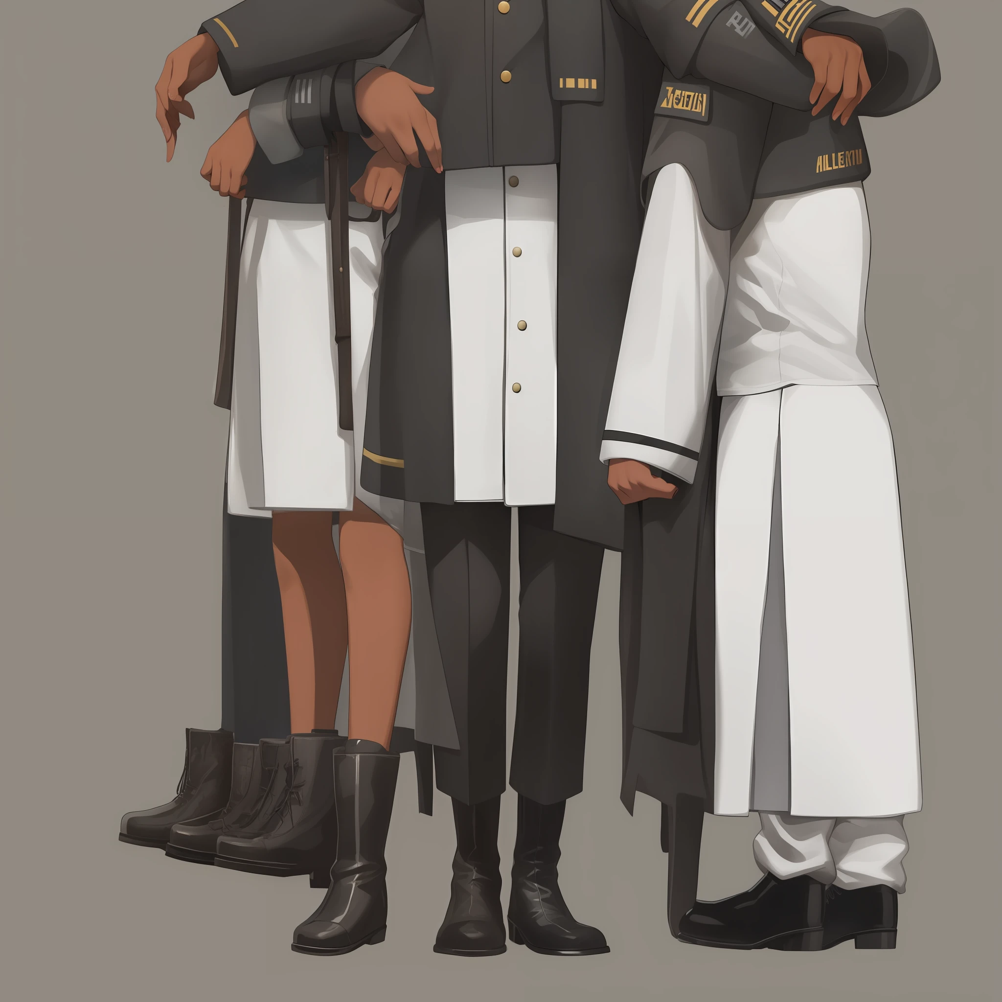 Nazi uniform,, swastika, germany, german, WWII, 1girl, suletta mercury, standing, black boots,white jacket, white shorts, black, african american, very dark skin, one girl, pure black skin, simple background, cute, human, masterpiece, top quality