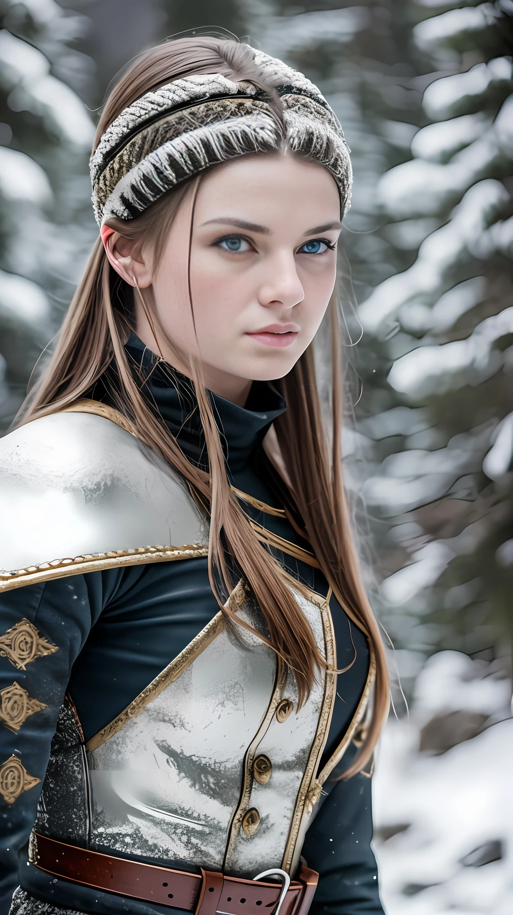 a realistic [full length portrait] [18-23 Years Old nordic female fashion model] [dressed like a Celtic style] [Angry expression on face][Photo taken in a mountainous and snowy landscape] [type of illumination: natural lighting], extremely realistic, 8k, insane details, intricate details, beautifully color graded,Color Grading, Editorial Photography, Photography, Bokeh, taken with a 60mm lens, ISO 300, f/4, 1/200th --ar 9:16 , combat pose, full length portrait, fantastic lighting --ar 9:16 --auto --s2