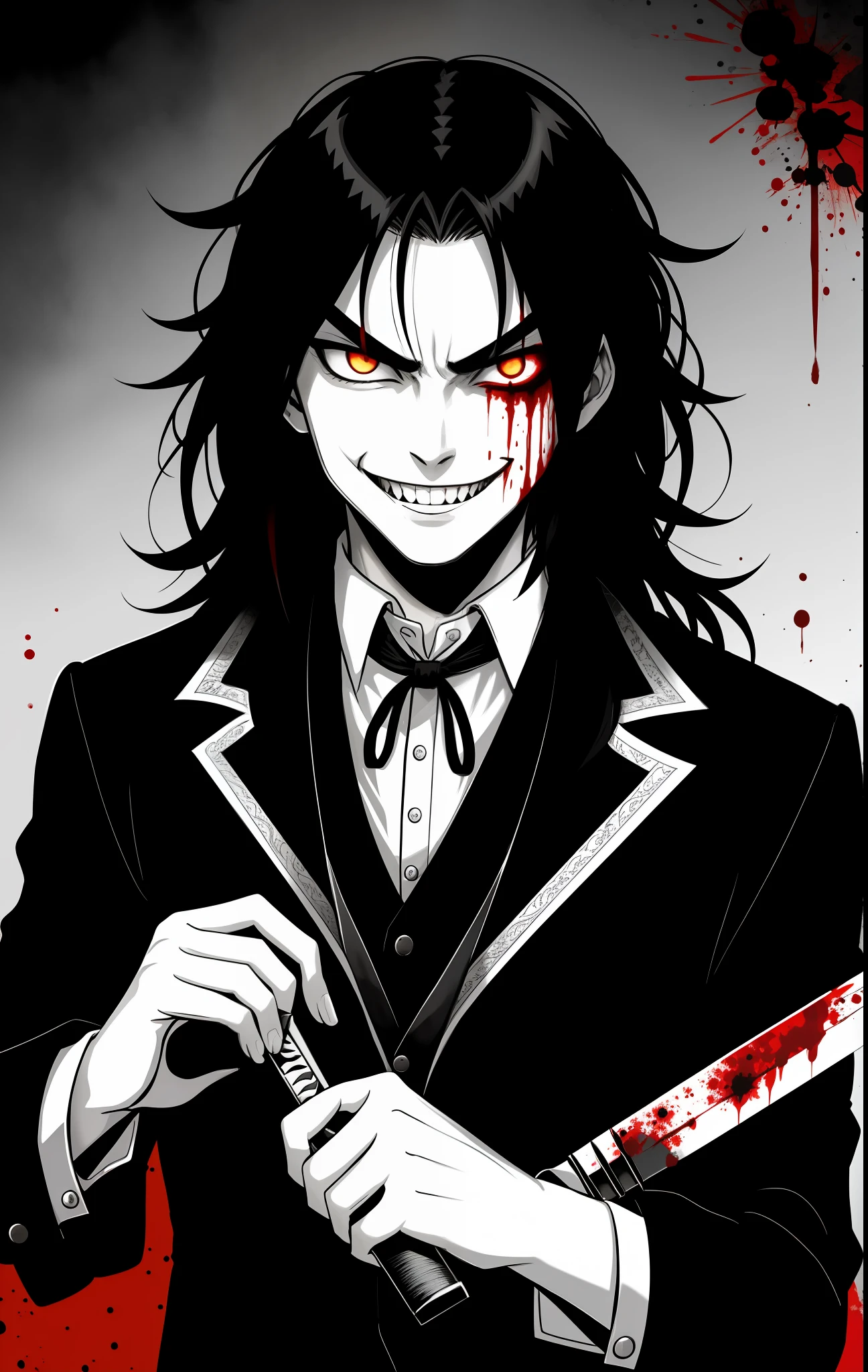 Tall young man holding a knife, evil aura, evil smile, evil look, murderer, serial killer, noble Victorian era outfit, blood skin face, horrifying smile, messy hair, crazy, mouth of Jeff the killer