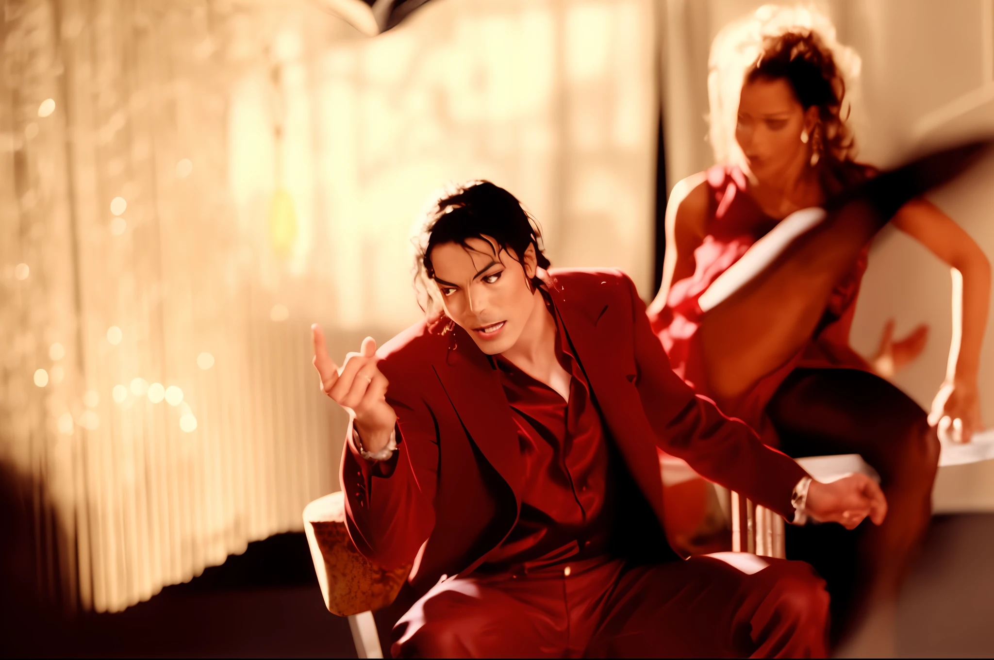 there is a man and a woman sitting in a chair in a room, Michael Jackson, Promo Still, michael_jackson, suspense atmosphere, Michael Jackson moon dance, Bubbles", Promo Still, Music Video, High Quality Film Still, 2 5th Anniversary Music Video, Promo Shot, Film Promotional Still, 1 9 9 6, 1996, Lecherous Pose, 4k, hd, super detailed