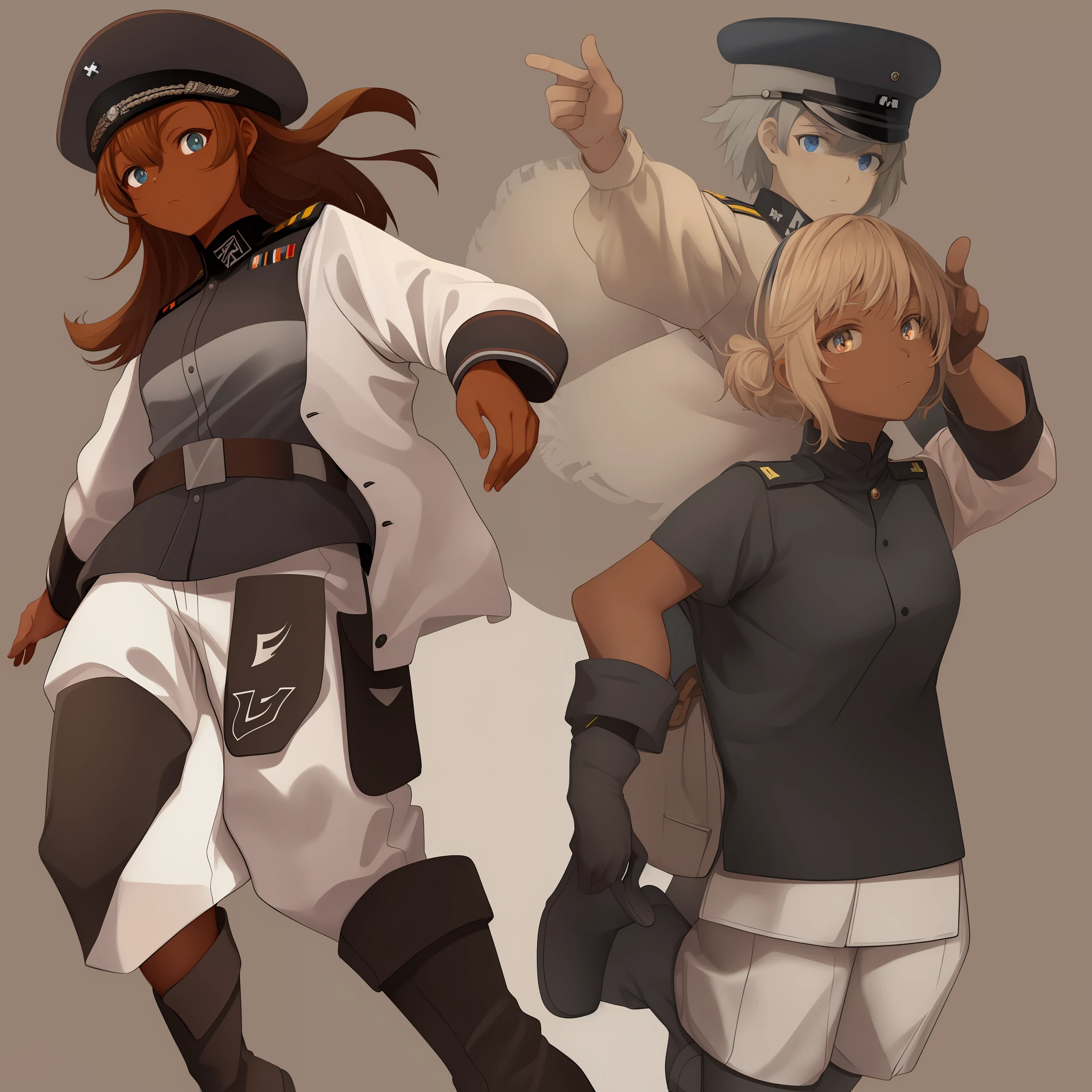 Nazi uniform,, swastika, germany, german, WWII, 1girl, suletta mercury, standing, black boots,white jacket, white shorts, black, african american, very dark skin, one girl, pure black skin, simple background, cute, human, masterpiece, top quality