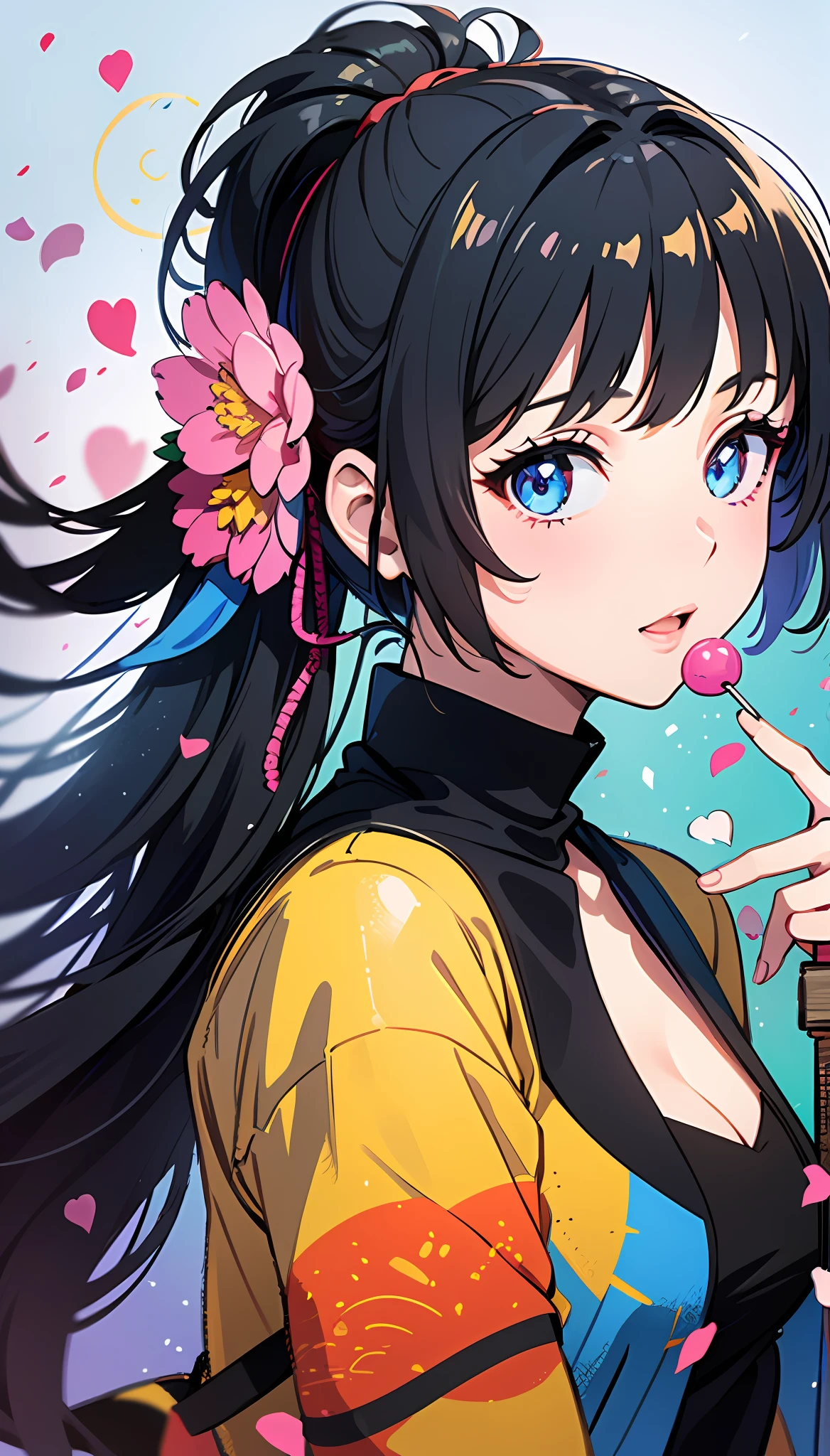 (masterpiece), (best quality), (ultra detailed),(disheed hair),(illustration), (1girl), (Fashionable clothing), standing, Fashion model, looking at viewer, (interview), (simple background), beautiful and delicate eyes, delicate beauty, floating, (high saturation), (colorful splash), colorful bubbles, (shine), focus on face, ponytail, black hair, bangs, hair circle, floating flowers, flowing hair, (shiny), best lighting, best shadow, holding a lollipop, rich background