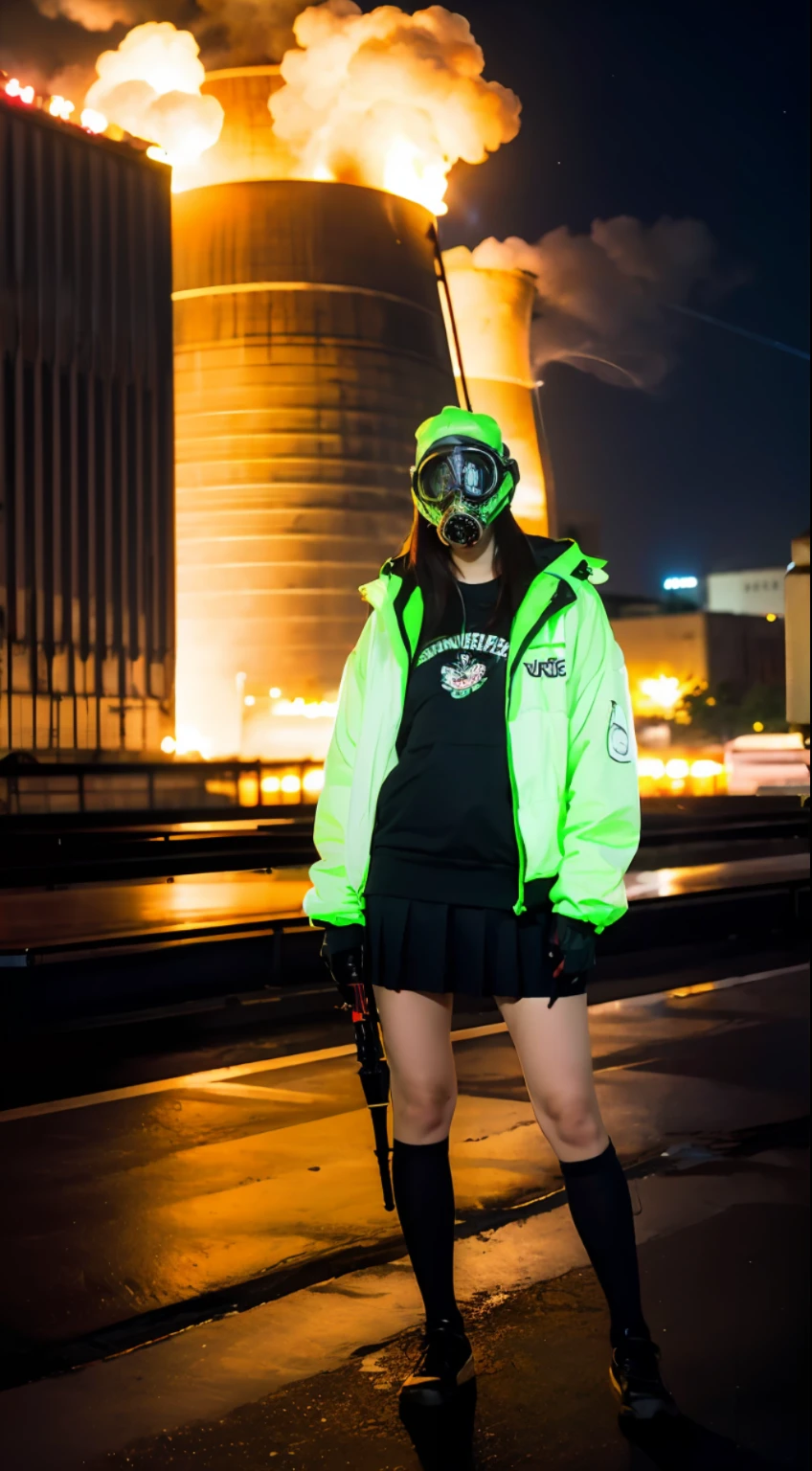 Background of nuclear power plant, terrorist group, fluorescent headgear, short hair, green hair, flamethrower, , 14 years old, gas mass, rooftop at night, huge background is neon sign, leather gloves, background city is burning