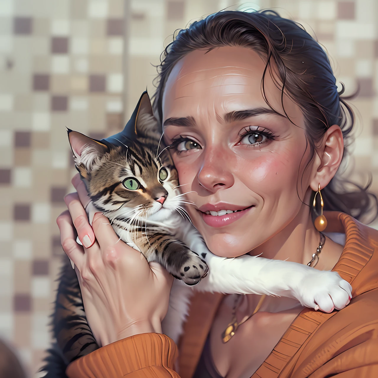 Woman holding a cat in her arms and smiling for the camera, profile picture, black woman with brunette hair, two signs under her mouth, anime art style, woman in her 50s