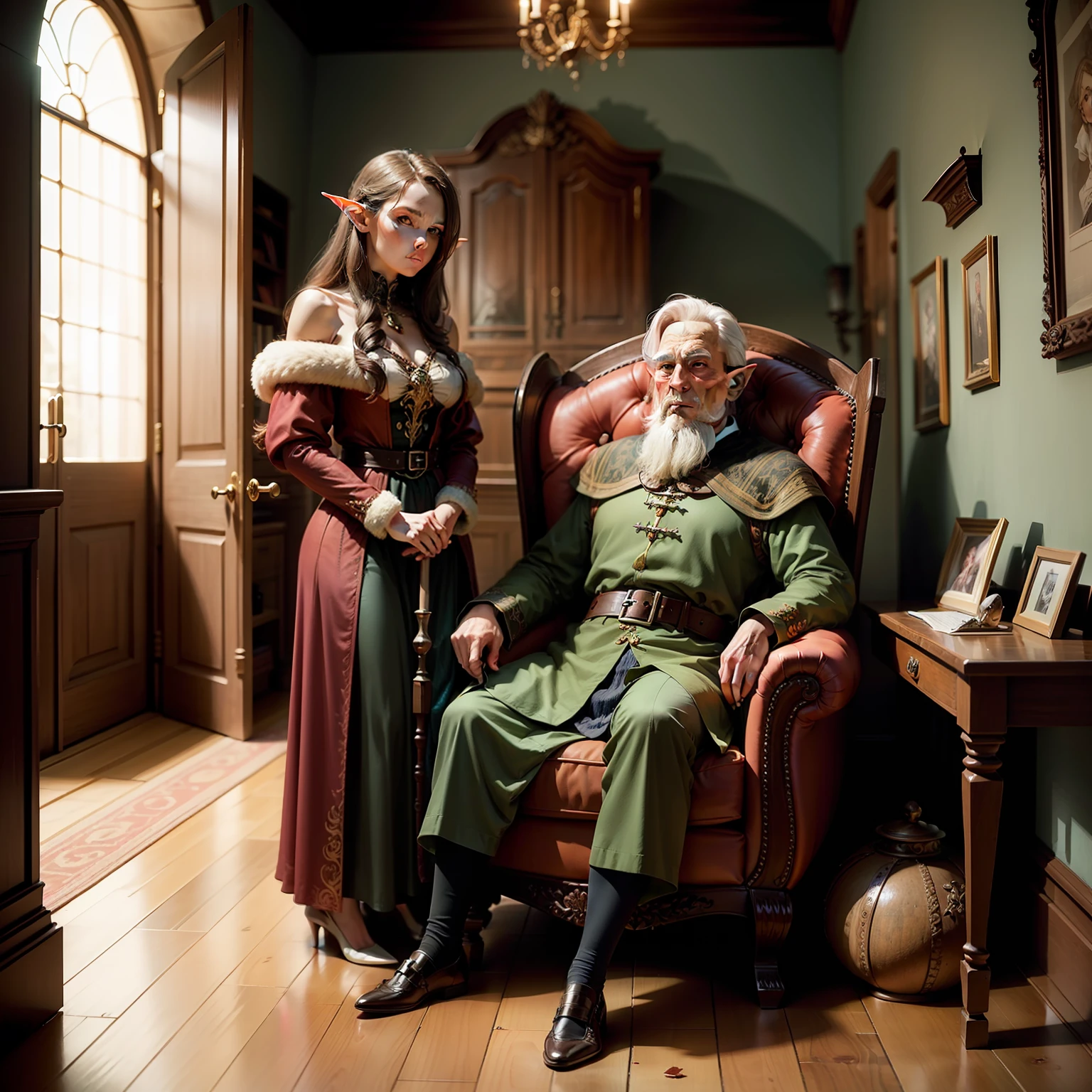 Beautiful elf with brown hair, serious look, next to a very old elf sitting in an armchair, leaning on a cane. both in the entrance hall of a large house. Fictional medieval universe.