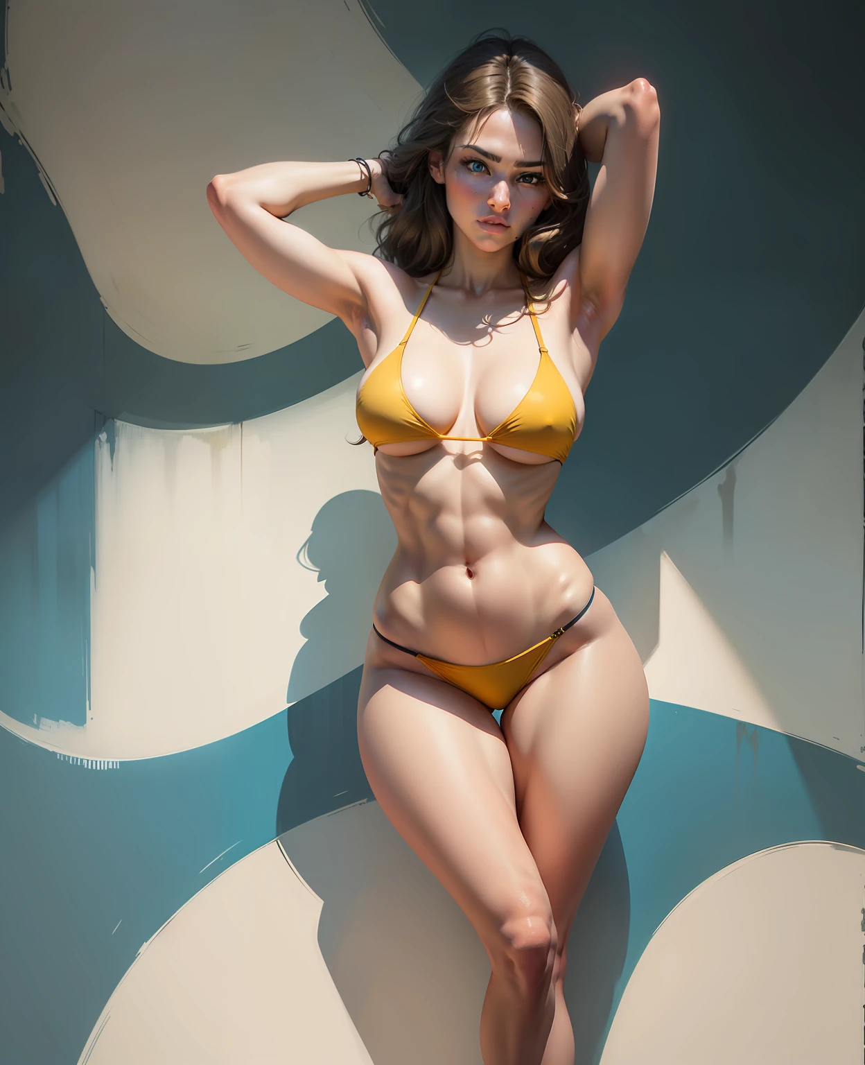 Art Deco, high detail, Cubist Futurism, modern, image fill, scanlines, vignetting, UHD, retina, textured skin, super detail, highres, 16k, oil painting, bulkier legs, big breasts, small bikinis, realistic, , blonde hair, light blue eyes, pale, long hair, malice, low look, blonde hair --auto