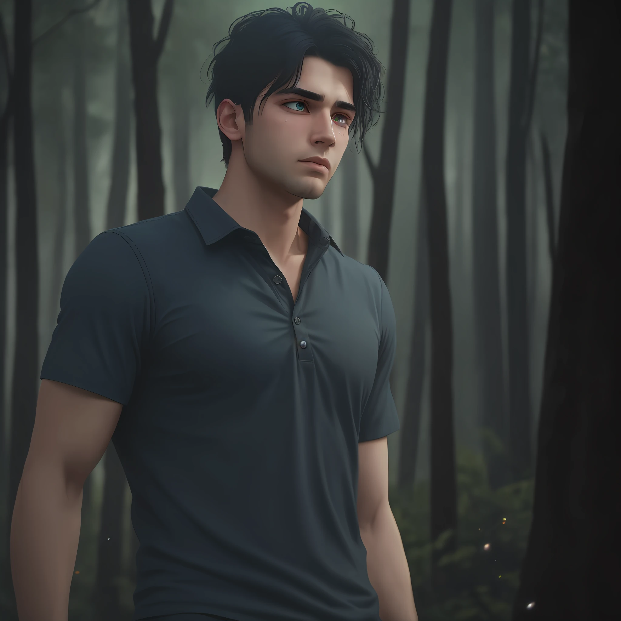 Young American adult man with green eyes, athletic, black hair, wearing blue shirt black jeans with light tears. Dark forest background with fog. Hyporealistic, Realistic, 4k, better quality, better image.