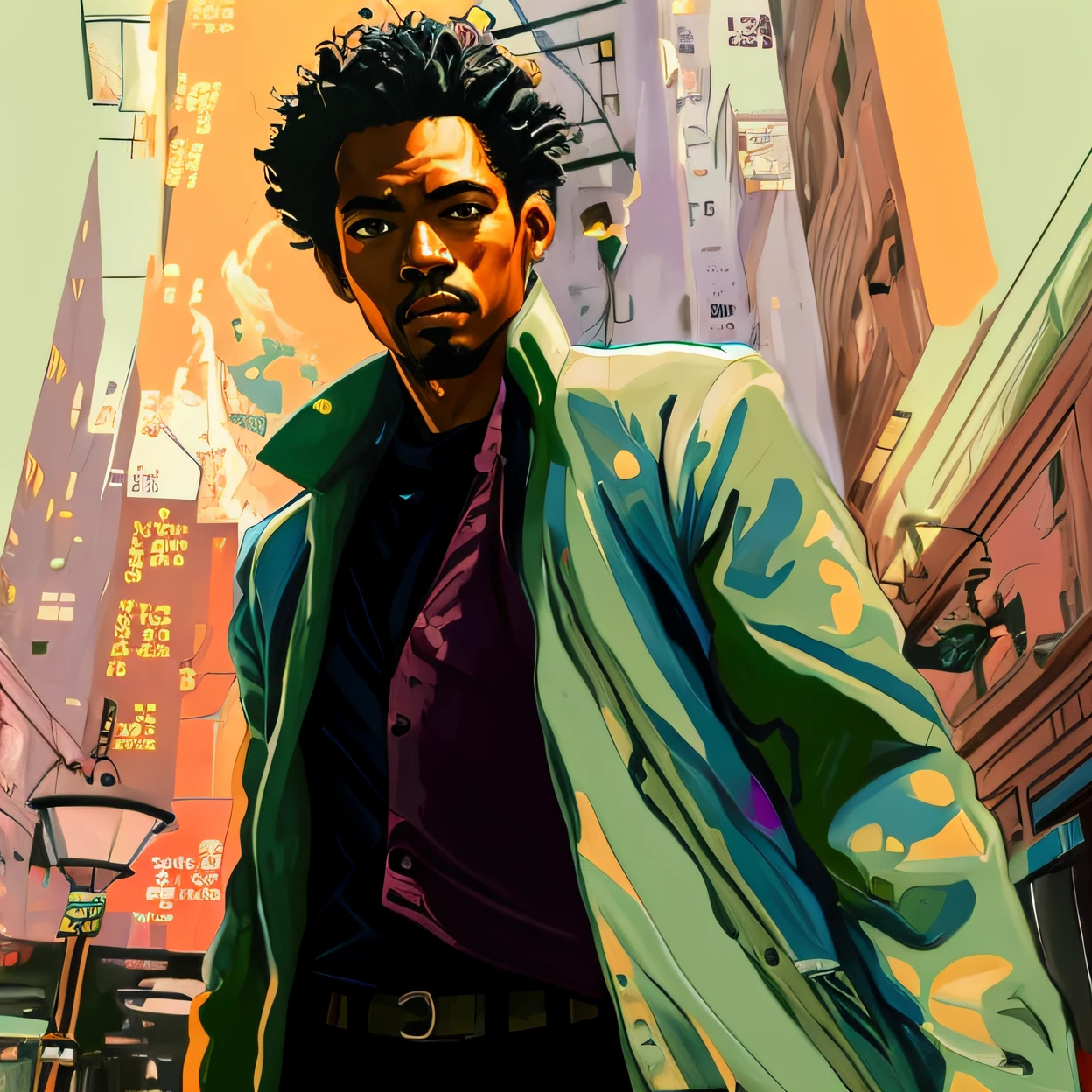 painting of a man in a green jacket walking down a city street, inspired by F Scott Hess, inspired by F. Scott Hess, neo from matrix, neo from the matrix, by F Scott Hess, art for the film in color, by F. Scott Hess, yasuke 5 0 0 px models, from kehinde wiley, by Liam Wong