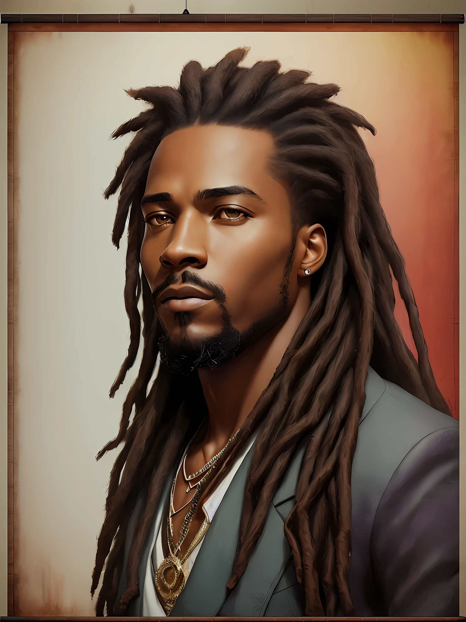 Black man with Rastafari hair, sharp eyes, serious face vhs effect, (poster:1.6), poster on wall, nostalgia, movie poster, portrait, high-detaled face,(skin texture), intricately detailed, fine details, hyperdetailed, raytracing, subsurface scattering, diffused soft lighting, shallow depth of field, by Oliver Wetter,
Intricate, High Detail, Sharp focus, dramatic, photorealistic painting art by greg rutkowski, bokeh