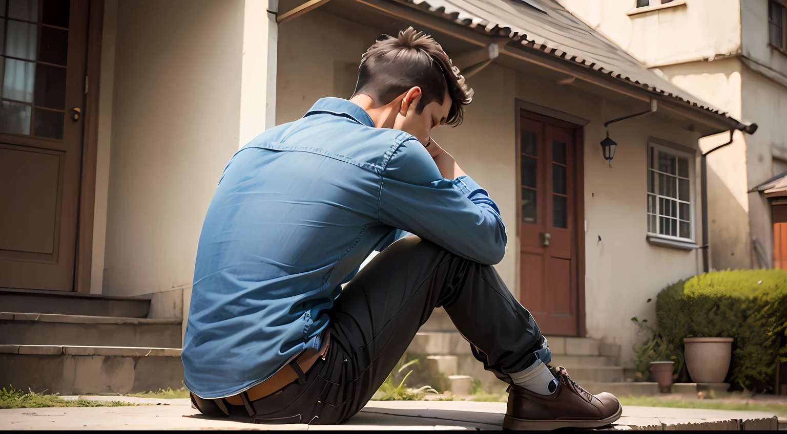a man with his head down sadly thinking, with simple clothes sitting in front of a simple house --auto