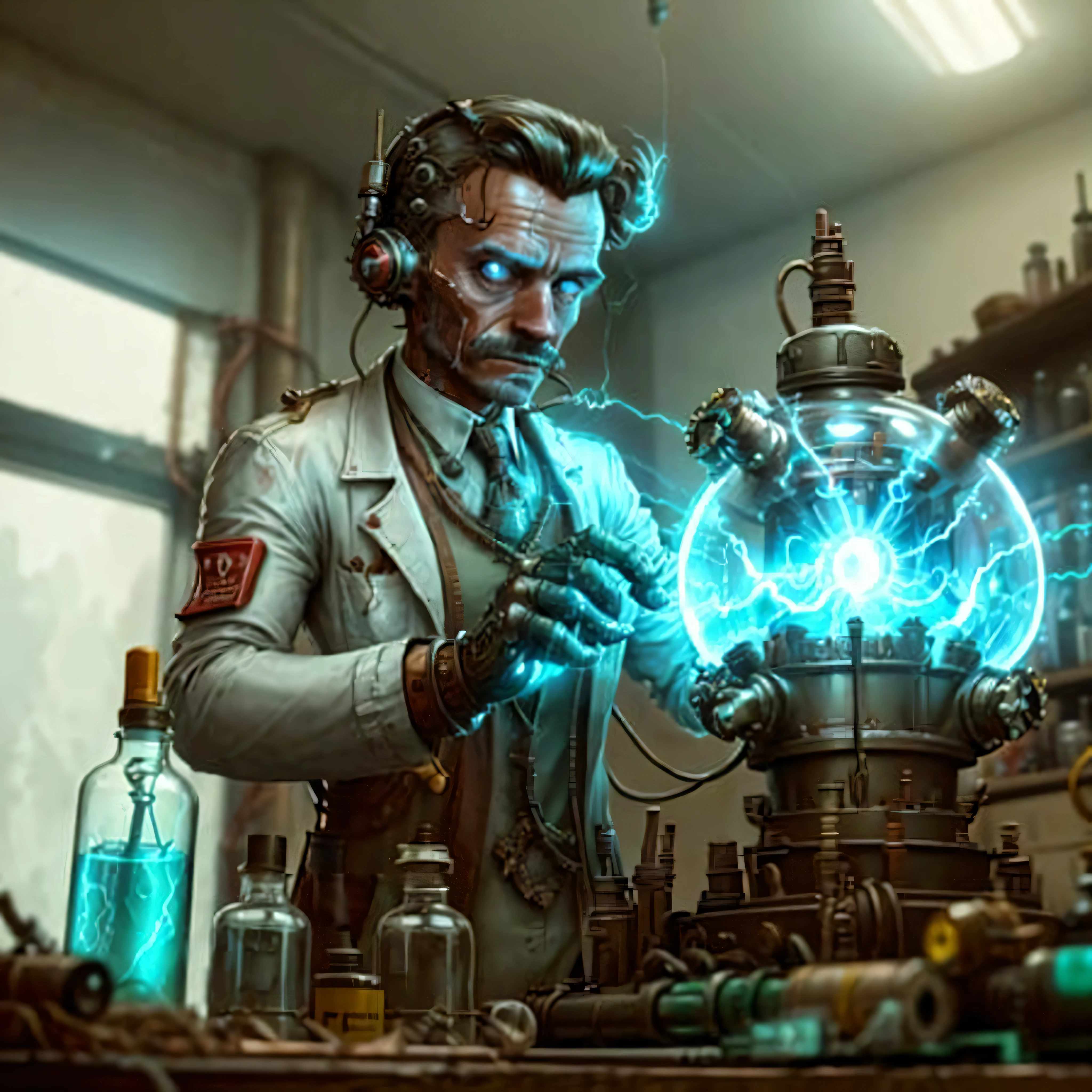 retro teslapunkai , valvepunk, strange device in laboratory, scientist, cluttered environment, lightning bolts