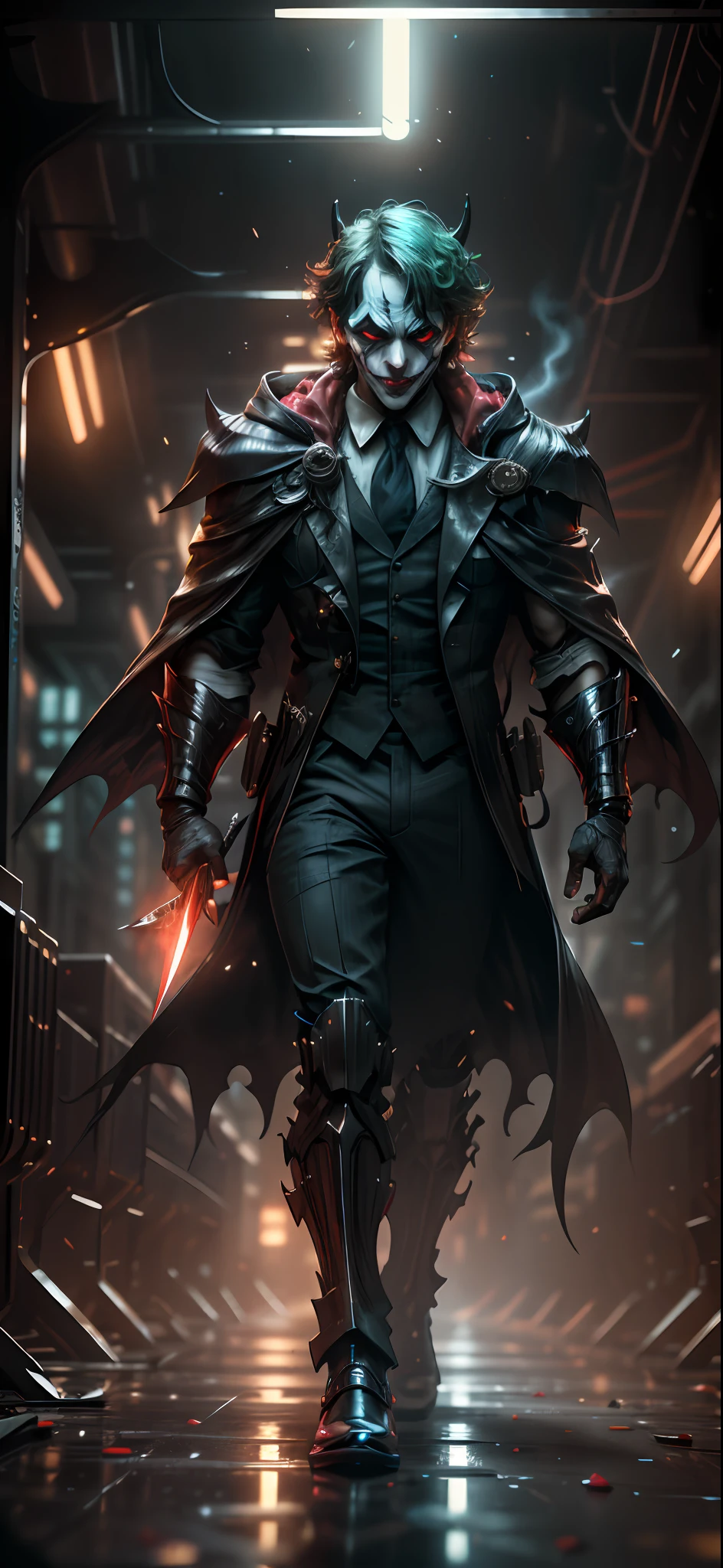 realistic,shiny,reflective,bioluminic, joker, holding bloody knife,in Gotham city, cloak,GlowingRunes_red,fullbody,cinemnatic,dark background,backlight,high contrast,
