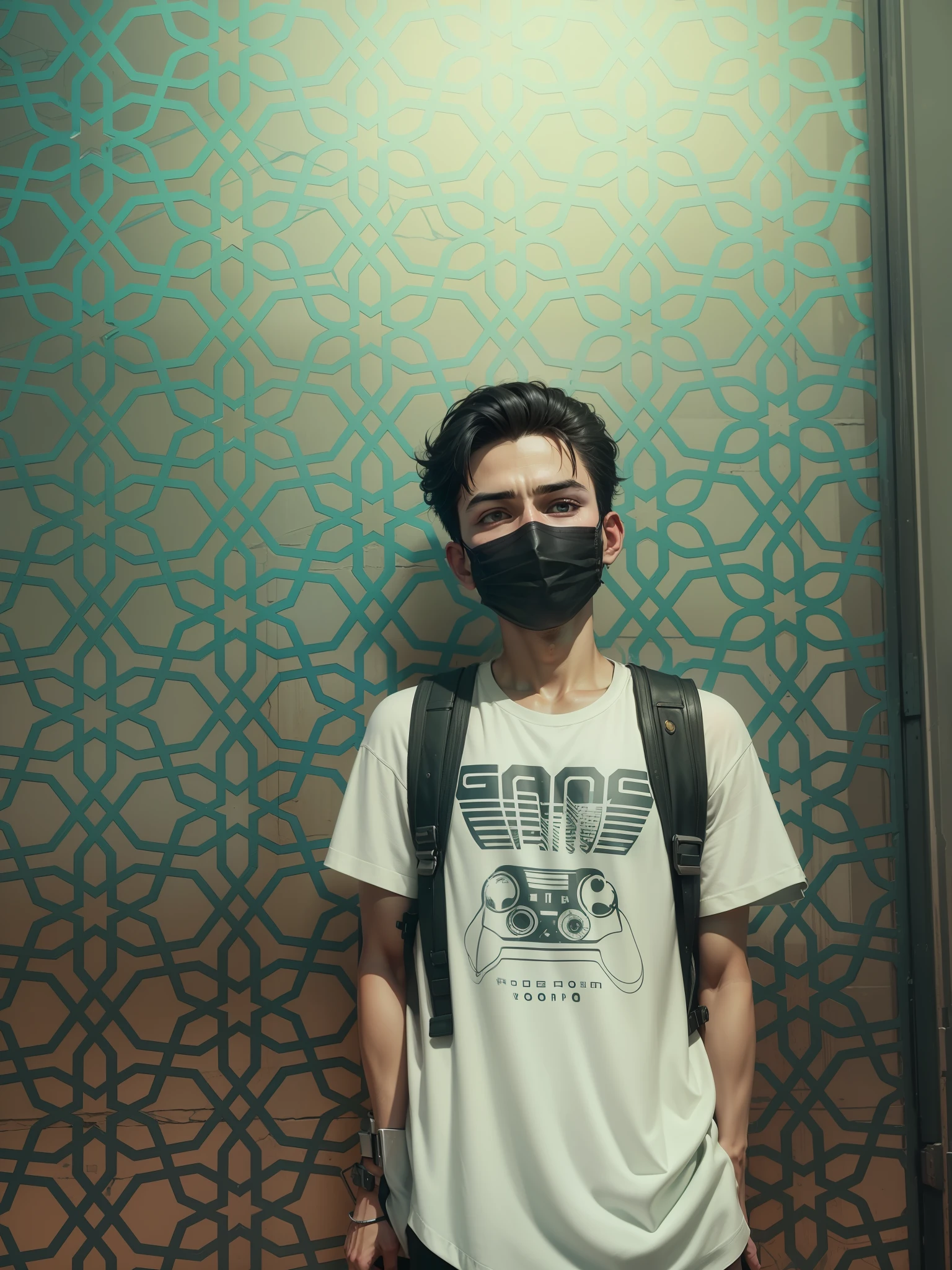 Background change,8k, ultra realistic, cyberpunk, dress change, black mask, serious face, same face, face not change, similar face, hairstyle change,Eren Yeager hairstyle, handsome boy