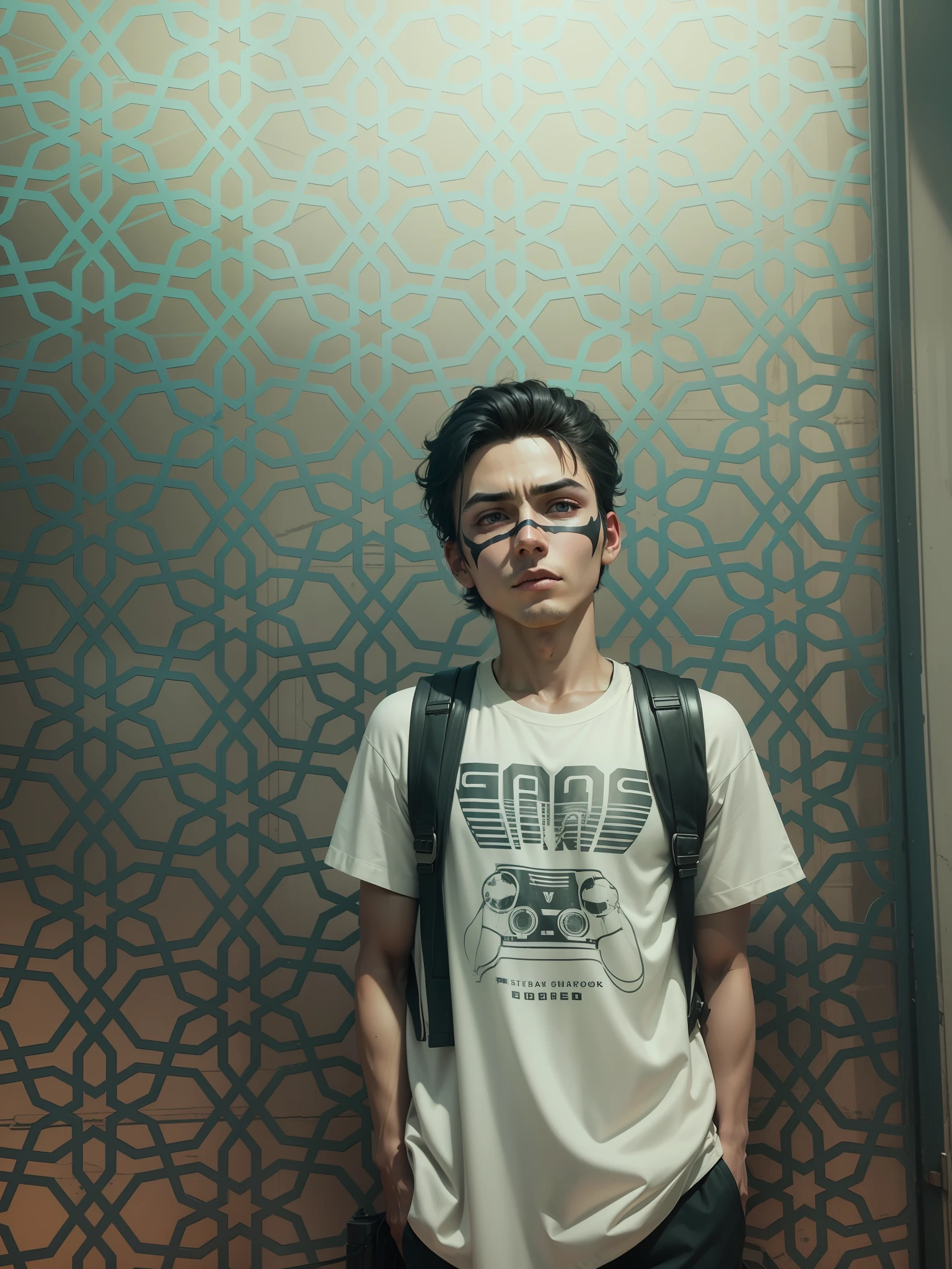 Background change,8k, ultra realistic, cyberpunk, dress change, black mask, serious face, same face, face not change, similar face, hairstyle change,Eren Yeager hairstyle, handsome boy
