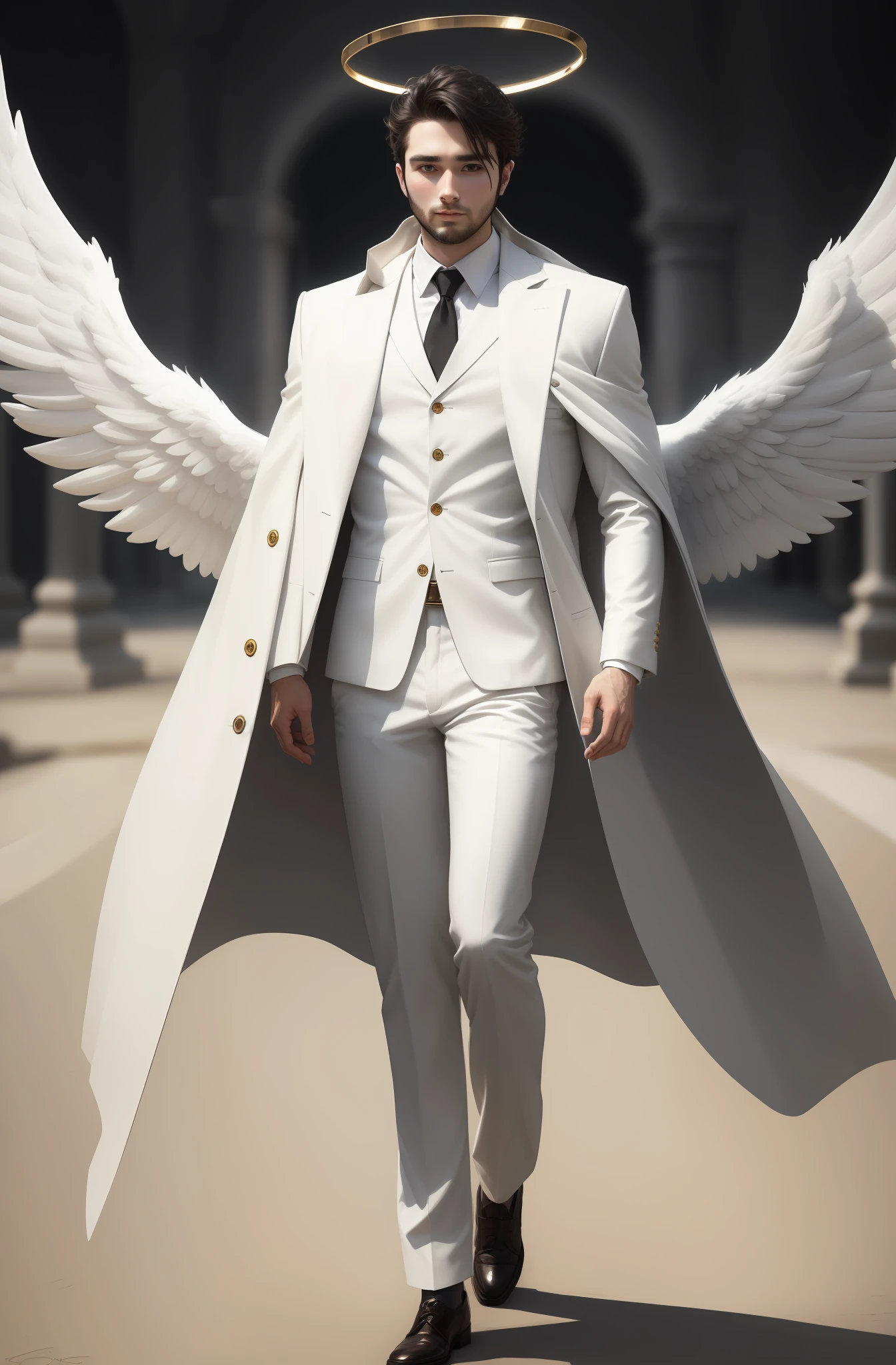 Angel, man, 30 years old, white, with large wings, wearing a Moron overcoat, in one hand a golden halo, ultra realistic HD full body image, dark cute hair,