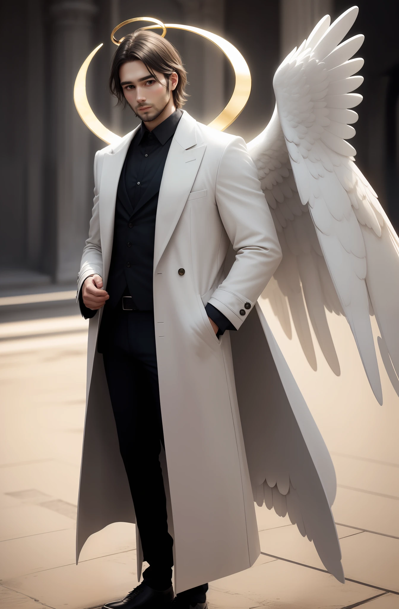 Angel, man, 30 years old, white, with large wings, wearing a Moron overcoat, in one hand a golden halo, ultra realistic HD full body image, dark cute hair,