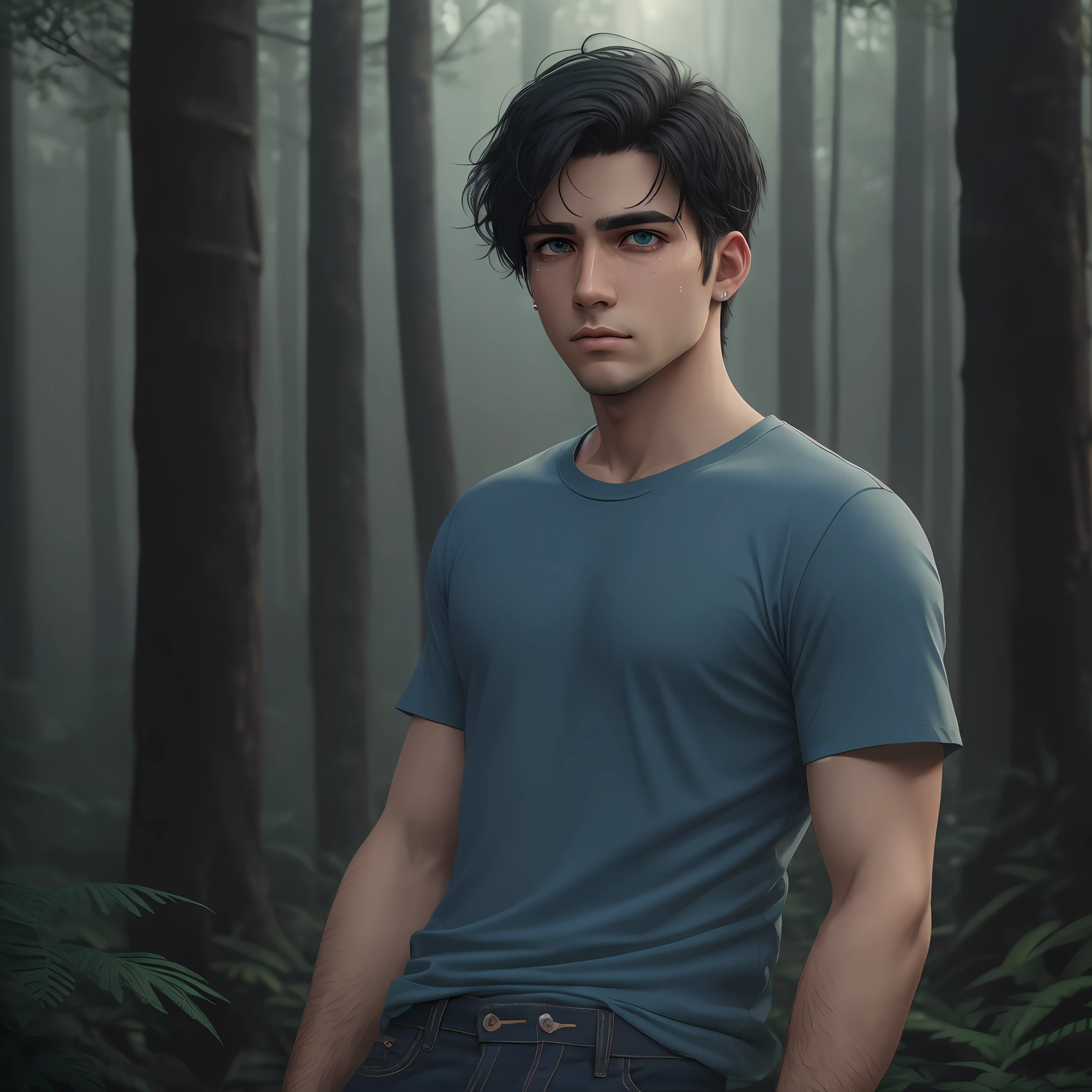 Young American adult man with green eyes, athletic, black hair, wearing blue shirt black jeans with light tears. Dark forest background with fog. Hyporealistic, Realistic, 4k, better quality, better image.