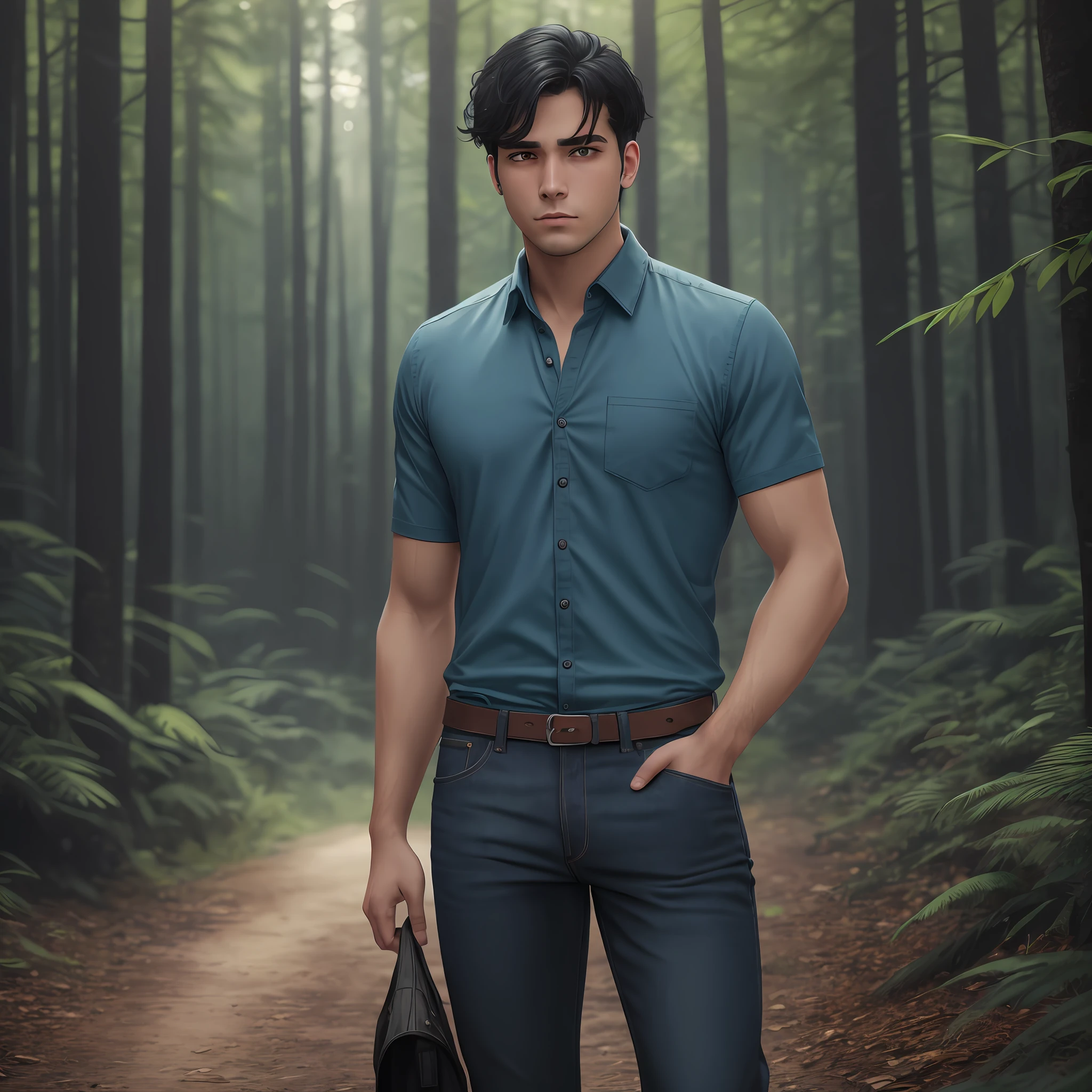 Young American adult man with green eyes, athletic, black hair, wearing blue shirt black jeans with light tears. Dark forest background. Hyporealistic, Realistic, 4k, better quality, better image.