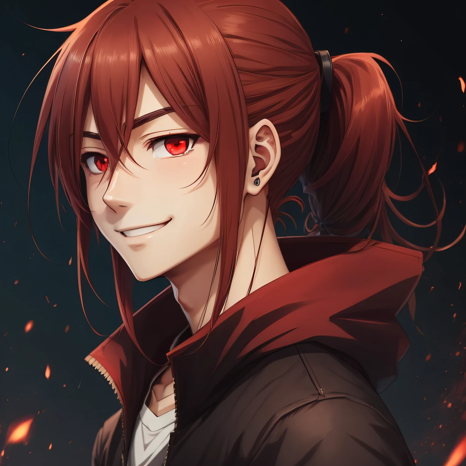 anime, 1 man, reddish hair, small ponytail, ears covered by hair, red eyes, smile --auto