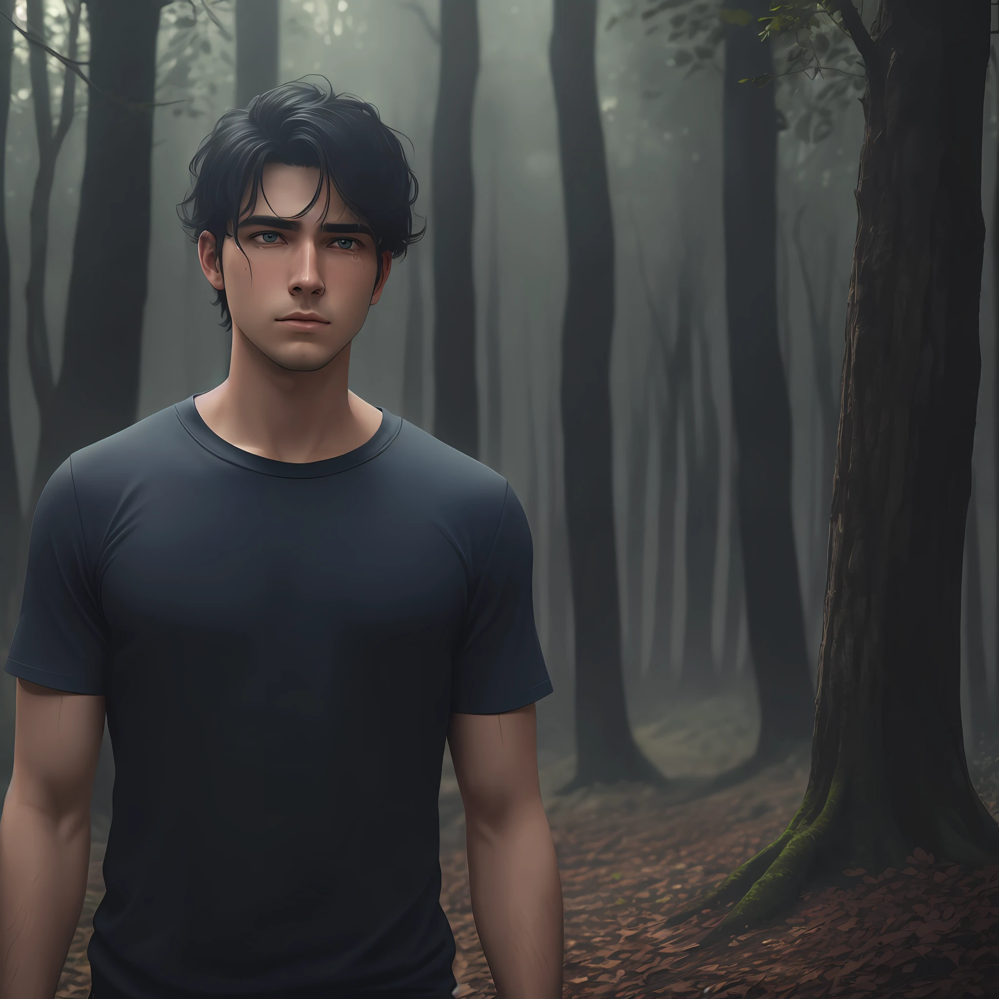 Young American adult man with green eyes, athletic, black hair, wearing blue shirt black jeans with light tears. Dark forest background with fog. Hyporealistic, Realistic, 4k, better quality, better image.