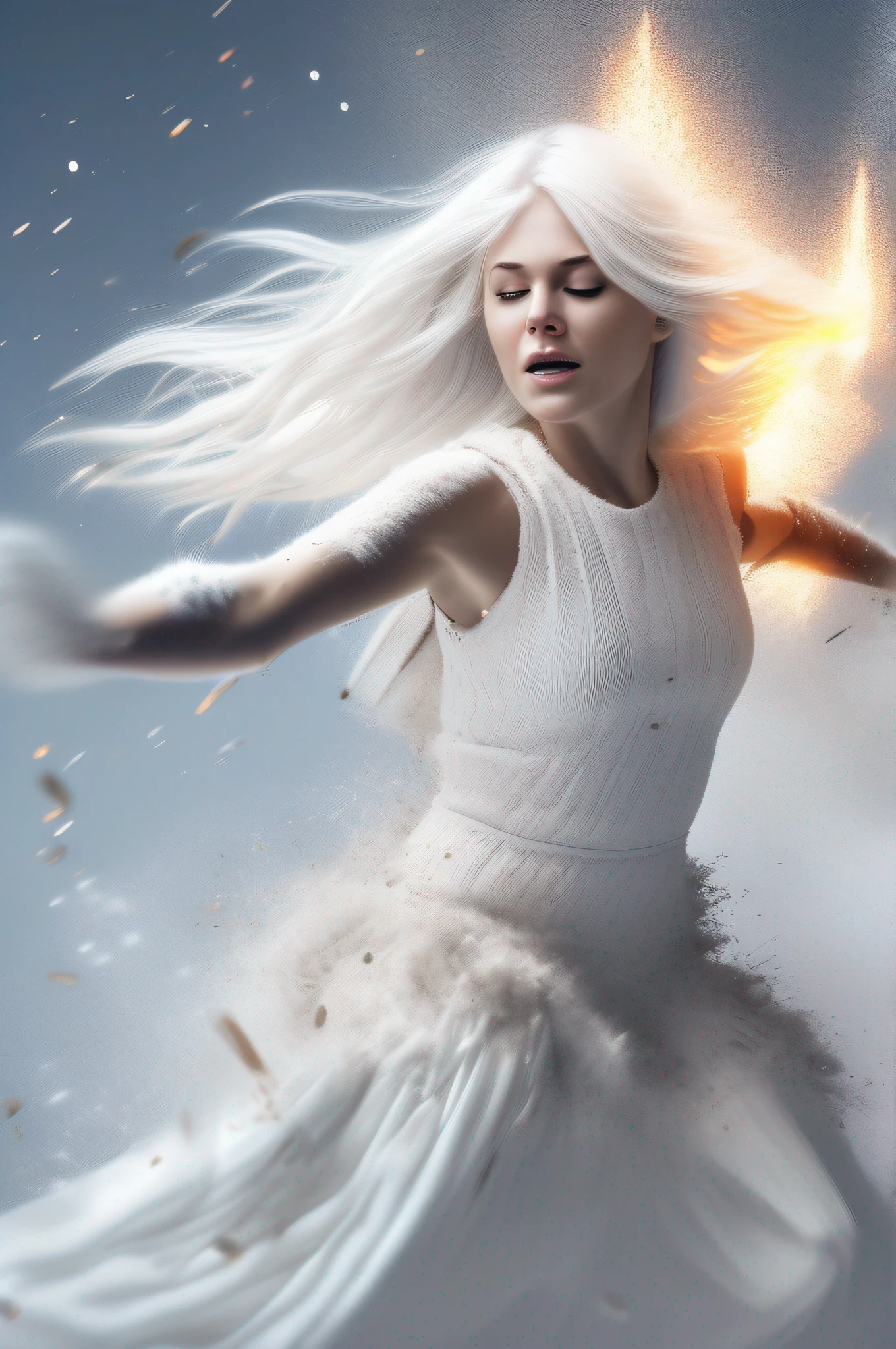 white haired, white skinned, young snowgirl with white snow dress disintegrating and melting melting into a winter bonfire while jumping over it into a refraction of the light that is trailing behind her like a comet's tail. dynamic, expressive, intricate details, photo realistic, exquisite detail, monovision photo realistic, Pantone true color, lights by Sean Archer, Color Grading, Editorial Photography, Photography, Photoshoot, sony g master 135mm f/1.8, 300 iso, Depth of Field Tilt Blur, Gamma, White Balance, Neon, Light High Contrast, 5D, Multiverse, 32k, Super-Resolution, Megapixel, ProPhoto RGB, VR Spotlight, Frontlight, Halfrear Lighting, Backlight, Rim Lights, Rim Lighting aesthetic, dynamic lighting, digital illustration, cinematic lighting behance photography + unsplash --ar 9:16 --uplight, blonde hair, white hair, floating hair, long hair, Cinematic, depth of field, cinematic lighting, sparkle, optical illusion, Hyperrealism, retina, masterpiece, ccurate, UHD, anatomically correct, textured skin, high quality, award winning