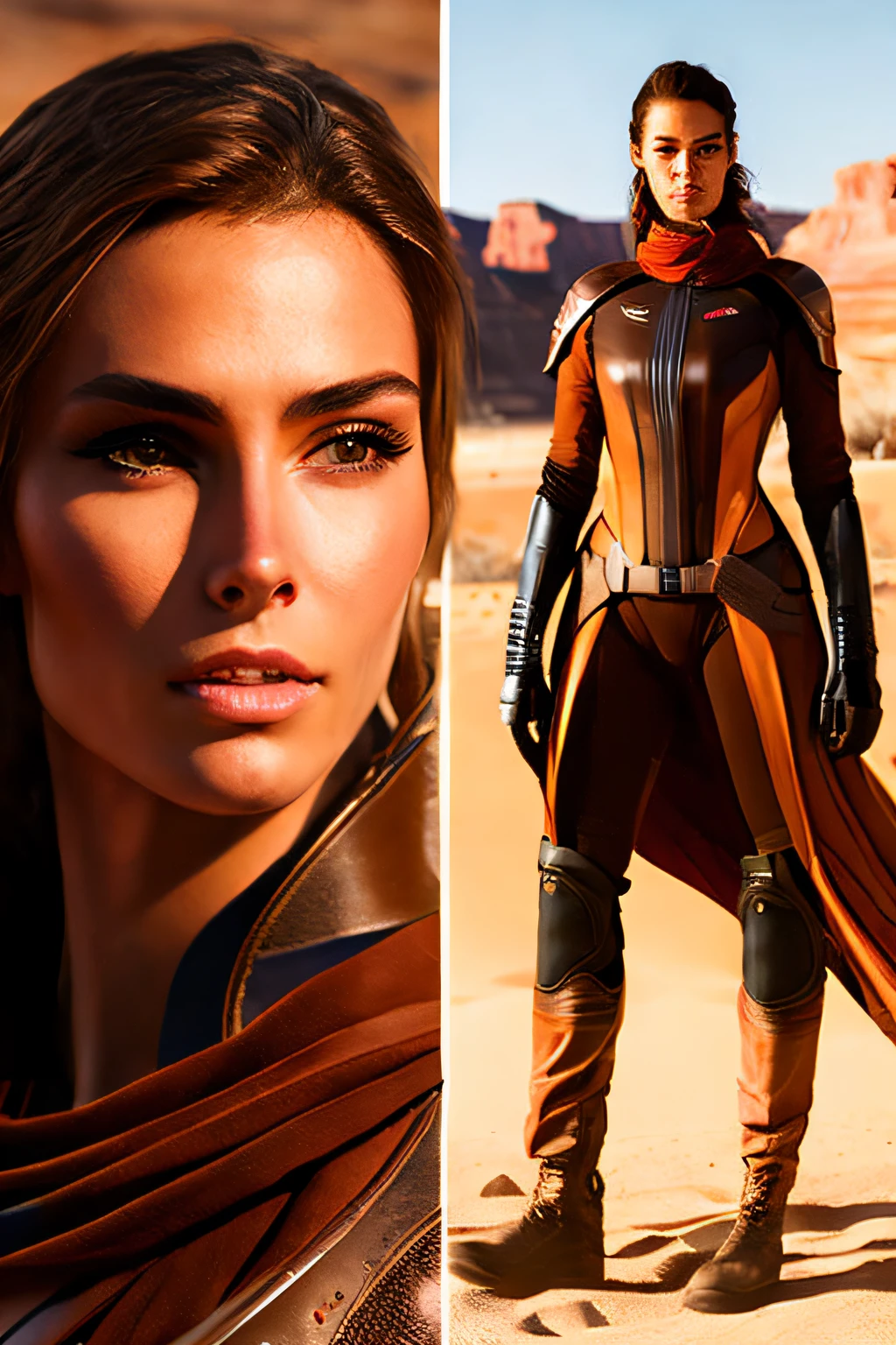 a woman in a brown outfit standing in front of a desert, jaina solo, female jedi, biblical female android, sci-fi female, avatar image, gordon freeman as a woman, of a futuristic woman selk'nam, rey, artgerm and craig mullins, sci fi female character, mara jade, craig mullins and artgerm, mcquarrie, headshot of a 30 years old woman, wearing a brown colored wetsuit, (by Alyssa Monks:1.1), by Joseph Lorusso, by Lilia Alvarado, beautiful lighting, sharp focus, 8k, high res, (pores:0.1), (sweaty:0.8), Masterpiece, Nikon Z9, Award - winning photograph, (perfectly round iris:1.3)