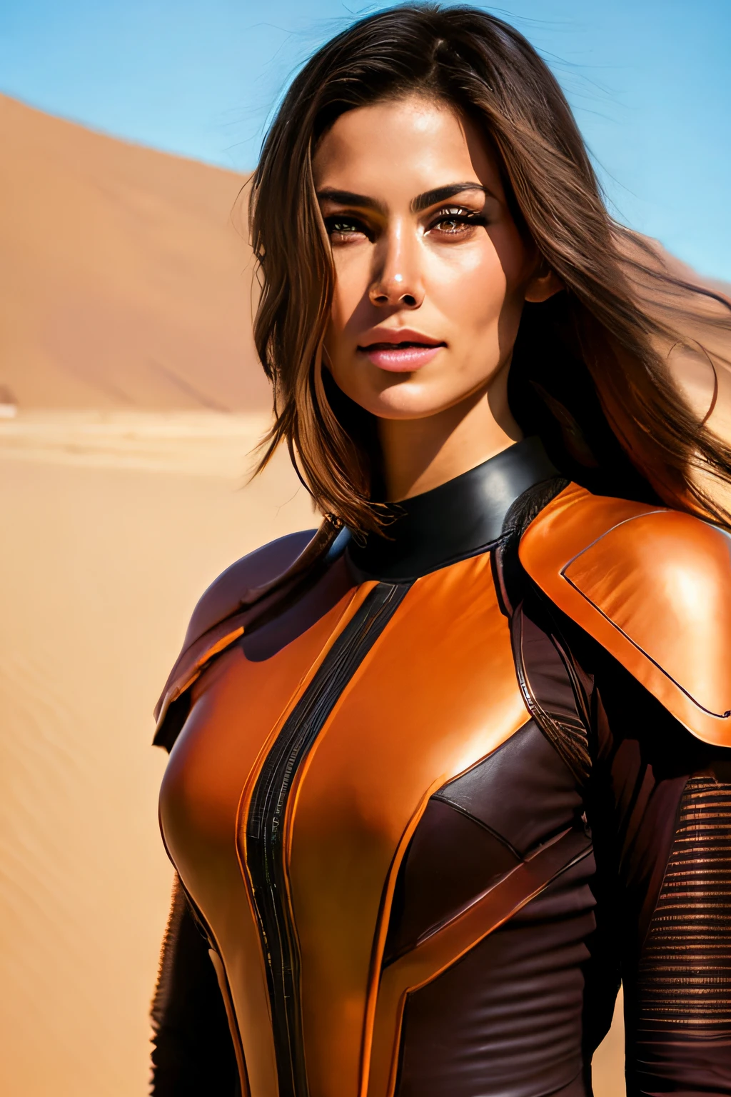 a woman in a brown outfit standing in front of a desert, jaina solo, female jedi, biblical female android, sci-fi female, avatar image, gordon freeman as a woman, of a futuristic woman selk'nam, rey, artgerm and craig mullins, sci fi female character, mara jade, craig mullins and artgerm, mcquarrie, headshot of a 30 years old woman, wearing a brown colored wetsuit, (by Alyssa Monks:1.1), by Joseph Lorusso, by Lilia Alvarado, beautiful lighting, sharp focus, 8k, high res, (pores:0.1), (sweaty:0.8), Masterpiece, Nikon Z9, Award - winning photograph, (perfectly round iris:1.3)