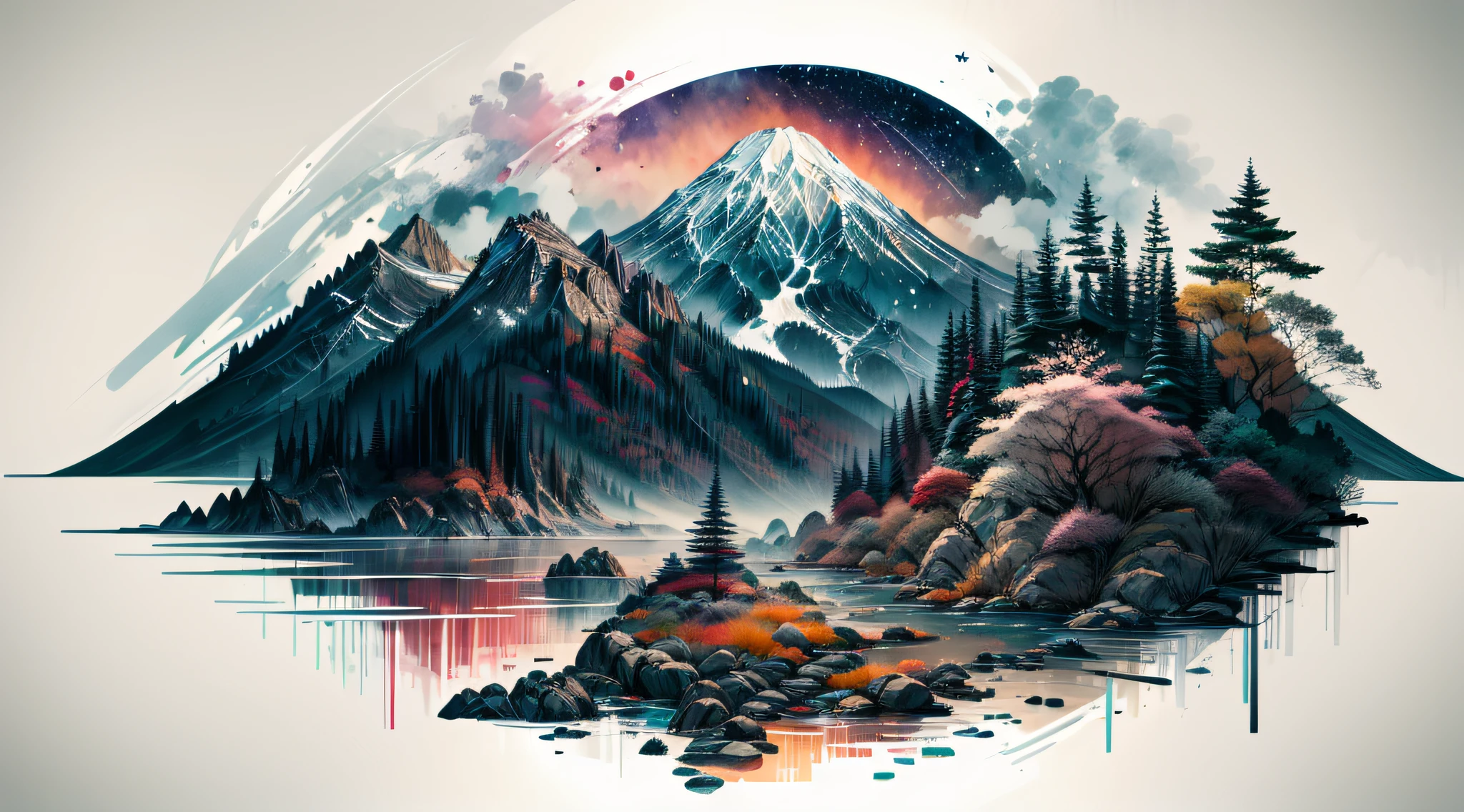 Magical scenery, bright colors, mountain views, floating leaves, autumn, blue and red light and shadow, dream, shooting stars in the sky, night