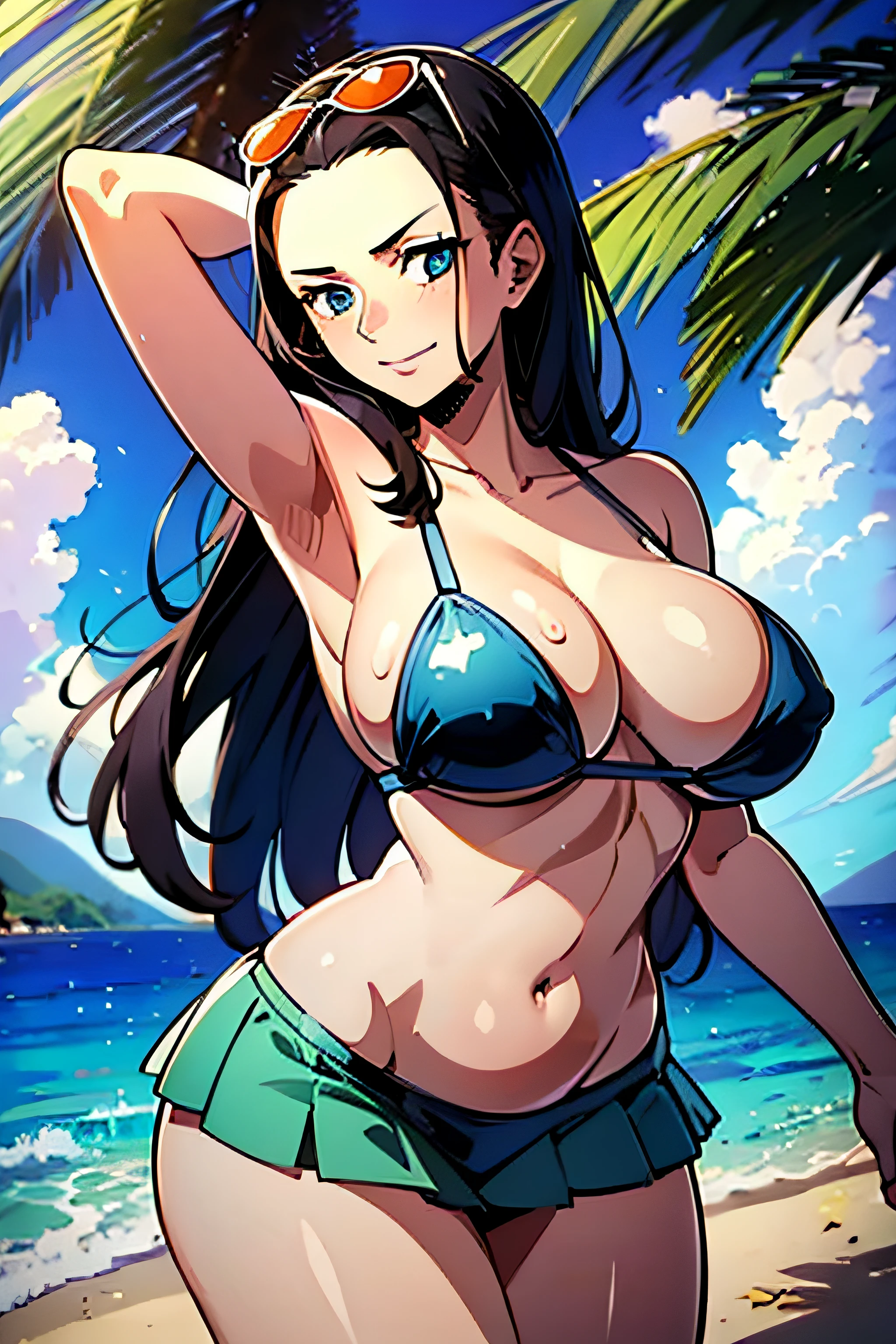 1girl (Masterpiece: 1.2) (Details: 1.2) (Best quality: 1.1) (Shiny hair) (Shiny skin), Nico Robin V2, Cinematic lighting, (Wet skin, Sea: 1.2), Underwear, (Beach, Palm trees), Beach, Clear water, (Blue sky, Cumulonimbus), (Island), (Hibiscus), Smiles, Sunglasses, Blue eyes, One Piece, Nico Robin, huge_breasts, Side, bikini skirt, girl about 20 years old, nipple_outline, pussy_outline