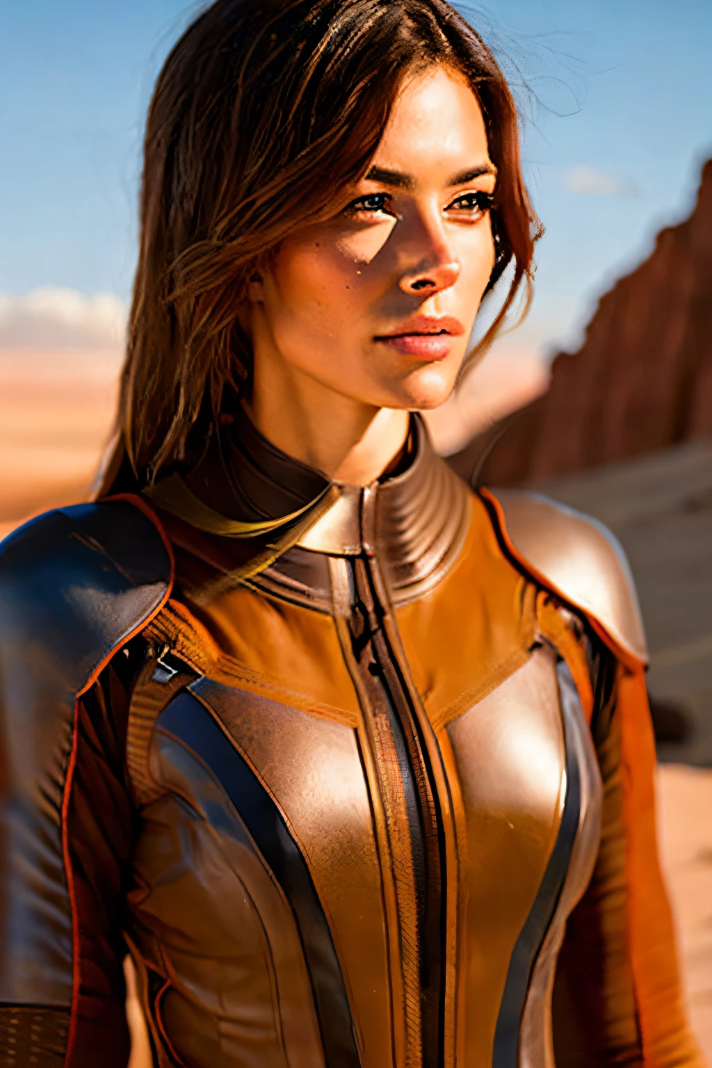 a woman in a brown outfit standing in front of a desert, jaina solo, female jedi, biblical female android, sci-fi female, avatar image, gordon freeman as a woman, of a futuristic woman selk'nam, rey, artgerm and craig mullins, sci fi female character, mara jade, craig mullins and artgerm, mcquarrie, headshot of a 30 years old woman, wearing a brown colored wetsuit, (by Alyssa Monks:1.1), by Joseph Lorusso, by Lilia Alvarado, beautiful lighting, sharp focus, 8k, high res, (pores:0.1), (sweaty:0.8), Masterpiece, Nikon Z9, Award - winning photograph, (perfectly round iris:1.3)