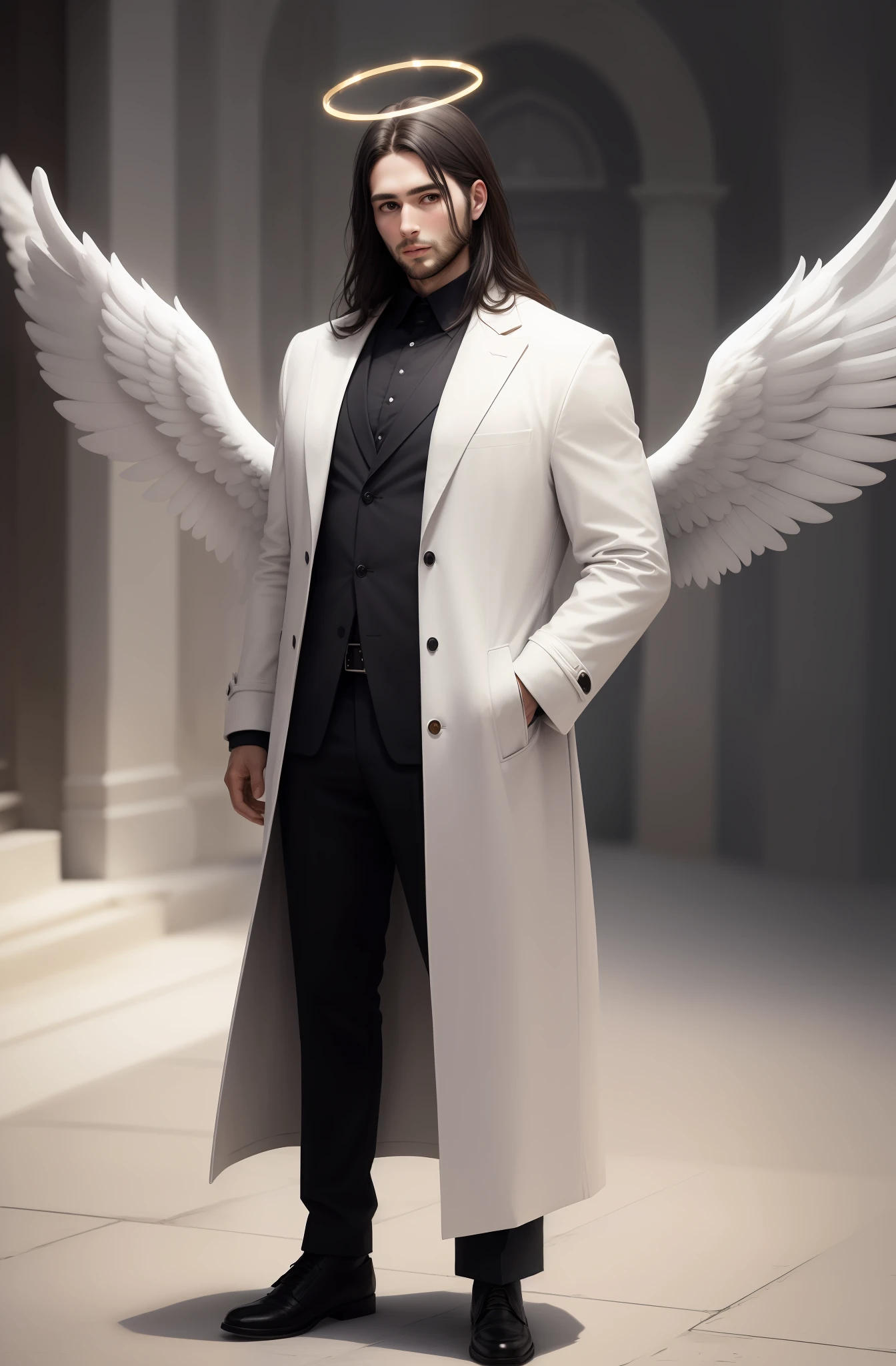 Angel, man, 30 years old, white, with large wings, wearing a Moron overcoat, in one hand a golden halo, ultra realistic HD full body image, dark cute hair,