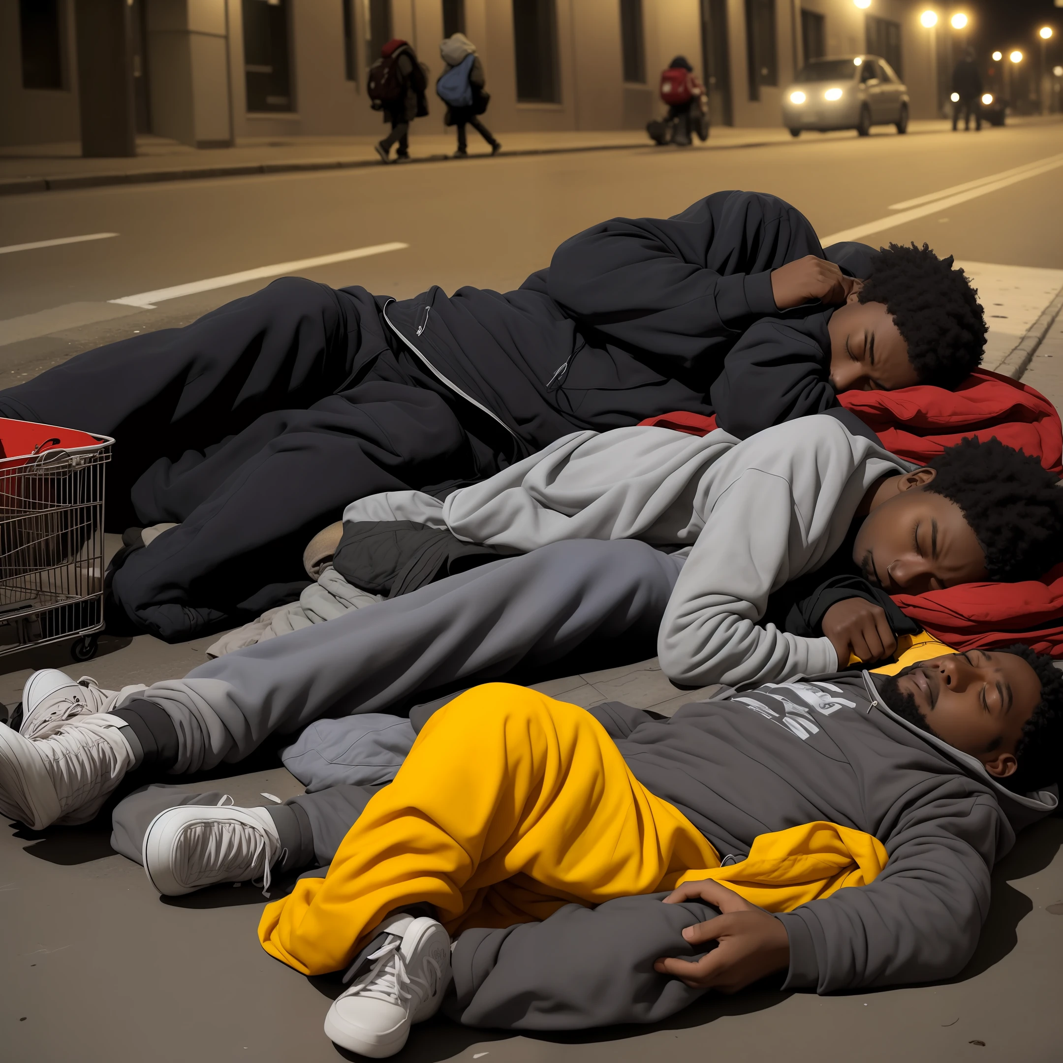 Realistic photo, extreme details Black boy
Homeless man sleeping on the street a night of intense cold