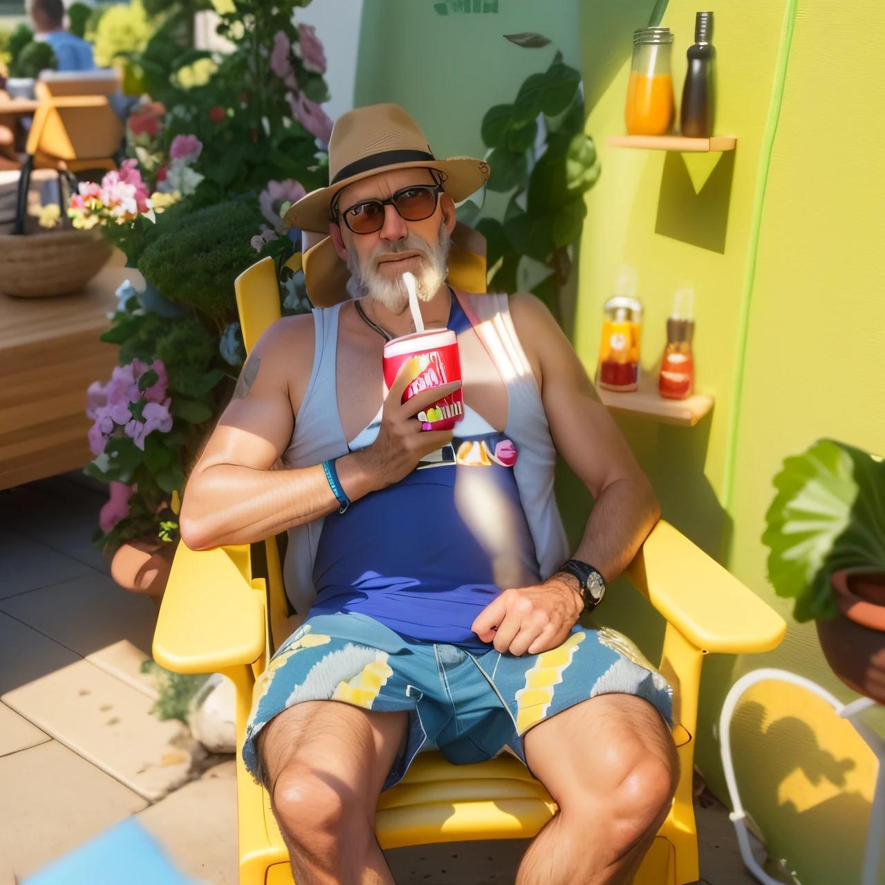 there is a man sitting in a yellow chair, profile picture, profile picture, 4 5 yo, he is about 60 years old, on a hot Australian day, 5 5 yo, by Dicky Doyle