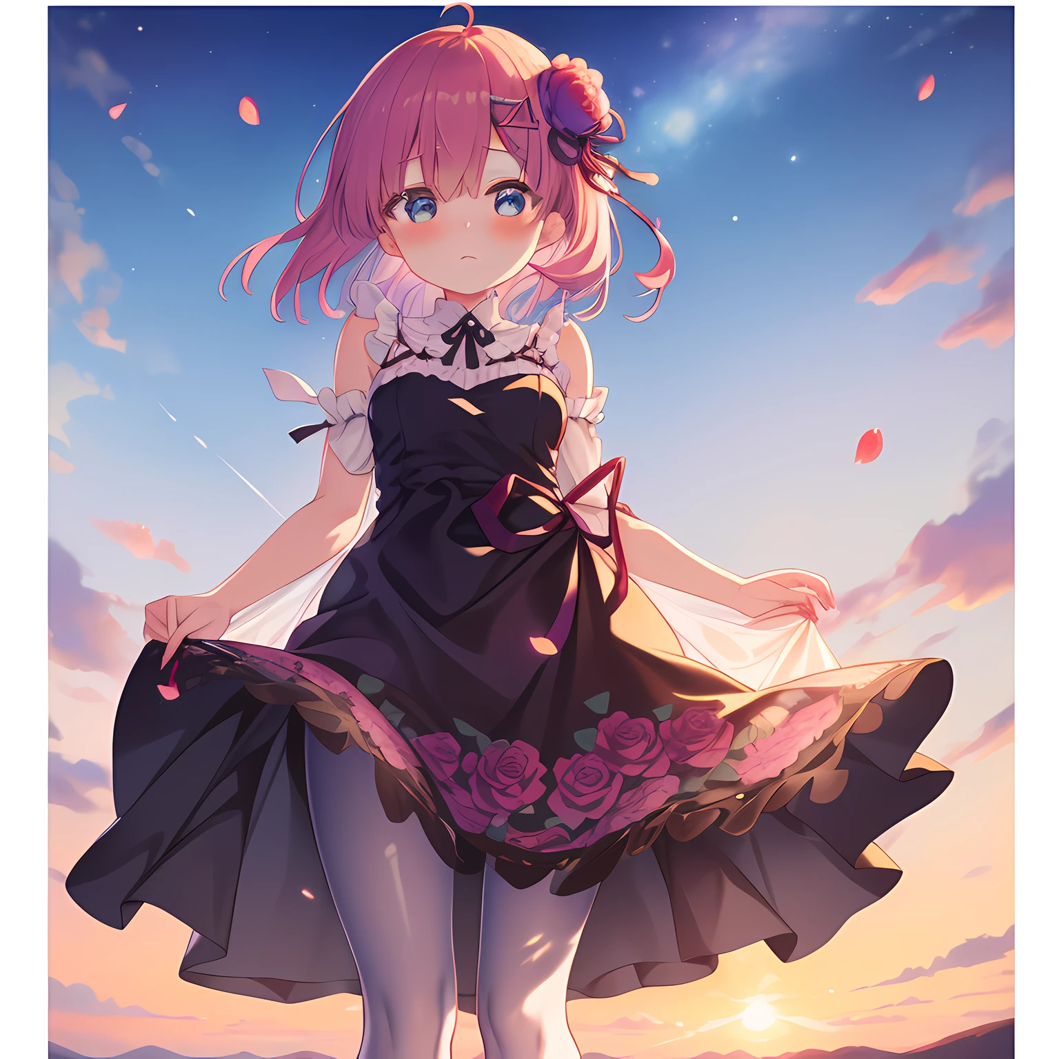 masterpiece, high quality, hi-res, illustration), 8k,blurred background, [(white background: 1.2)::5], cowboy shot, spring (season), (no light: 1.1), (temptation: 1.2), elegance , (1 li: 1.1), (very long: 1.1), (blush: 0.7), floating hair, ahoge, deep sky, star (sky), (summer (floral pattern: 1.2) dress: 1.1), overview , (see-through: 0.85), shining, rose tail, (multicolor peony: 1.15), movie poster, (colorful: 1.1), ornament, petal, (pantyhose: 1.1), ribbon, pink hair
