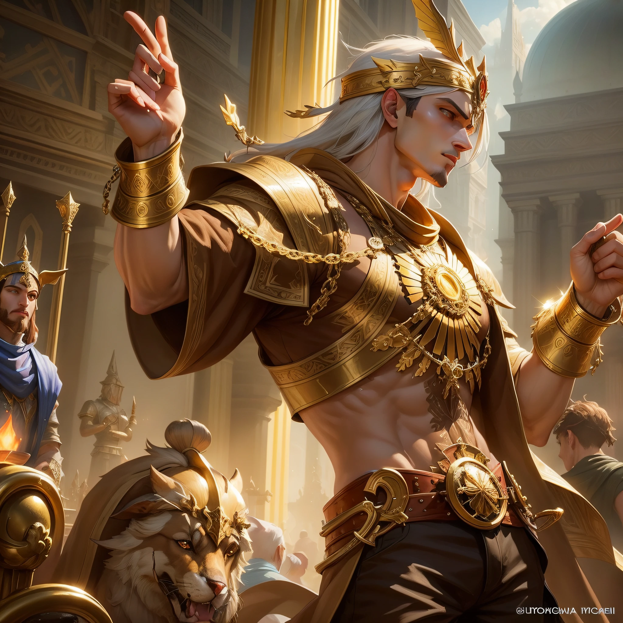 There is a man in a golden garment holding a lmac, Kaladesh, Kaladesh concept art. Mechanics, Magic : The Art of Encounter, Complete Art, Magic The Encounter, Gilgamesh, Casimir Art, Magic The Art Of Encounter, Mohrbacher, Magic The Art Of The Encounter Card, A Majestic Epic Degen Merchant, Magic The Art Of Meeting