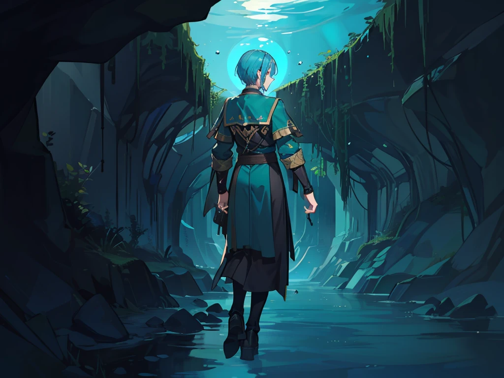 1man, male, mage, Magic bubble, hidden passage, the glow of the phosphorescent algae. the water narrows, tight and winding underwater tunnel. The walls are rough and rocky. (Masterpiece: 1.2) (Best quality: 1.3)
