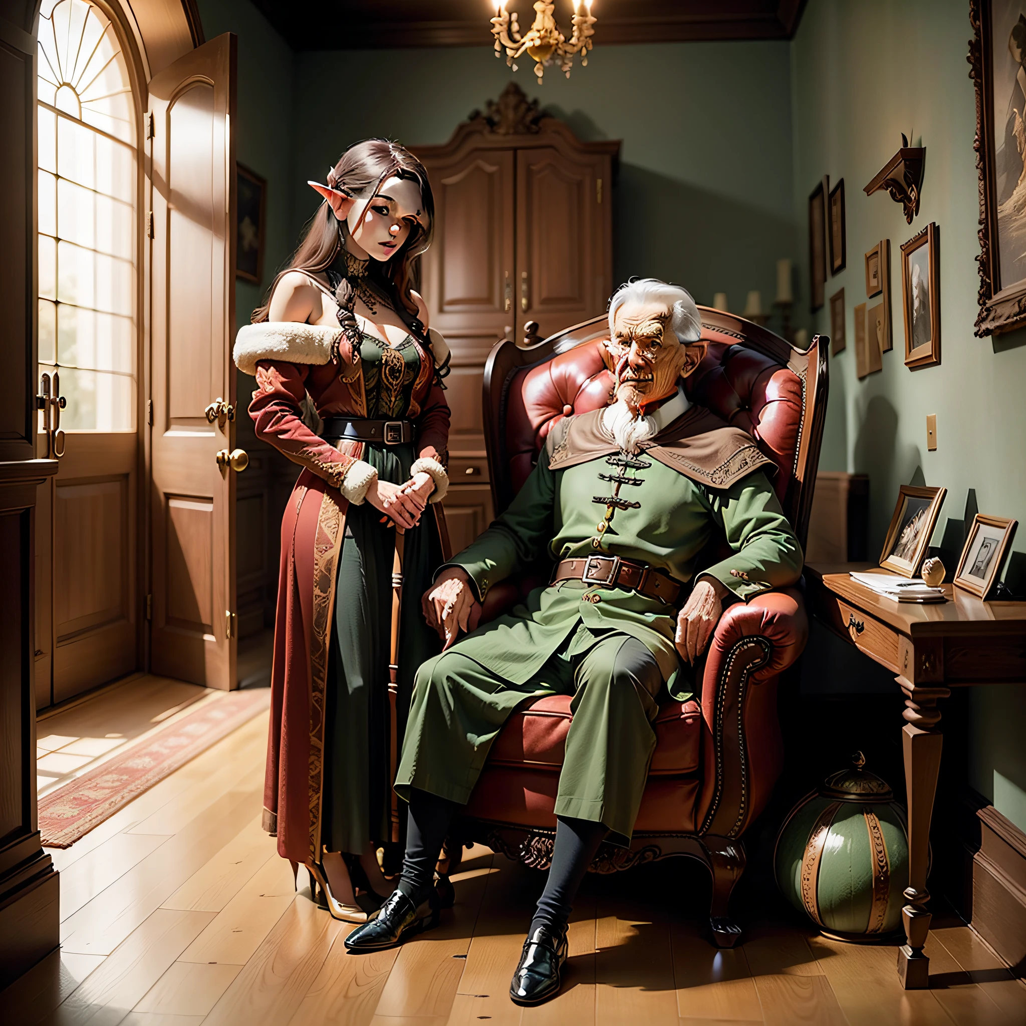 Beautiful elf with brown hair, serious look, next to a very old elf sitting in an armchair, leaning on a cane. both in the entrance hall of a large house. Fictional medieval universe.