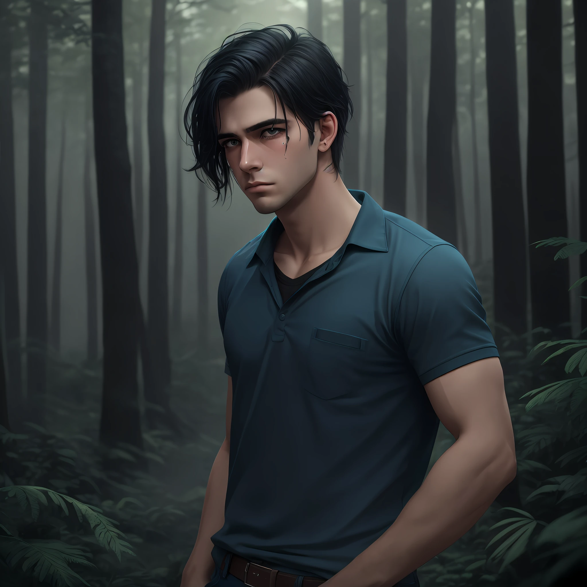 Young American adult man with green eyes, athletic, black hair, wearing blue shirt black jeans with light tears. Dark forest background with fog. Hyporealistic, Realistic, 4k, better quality, better image.