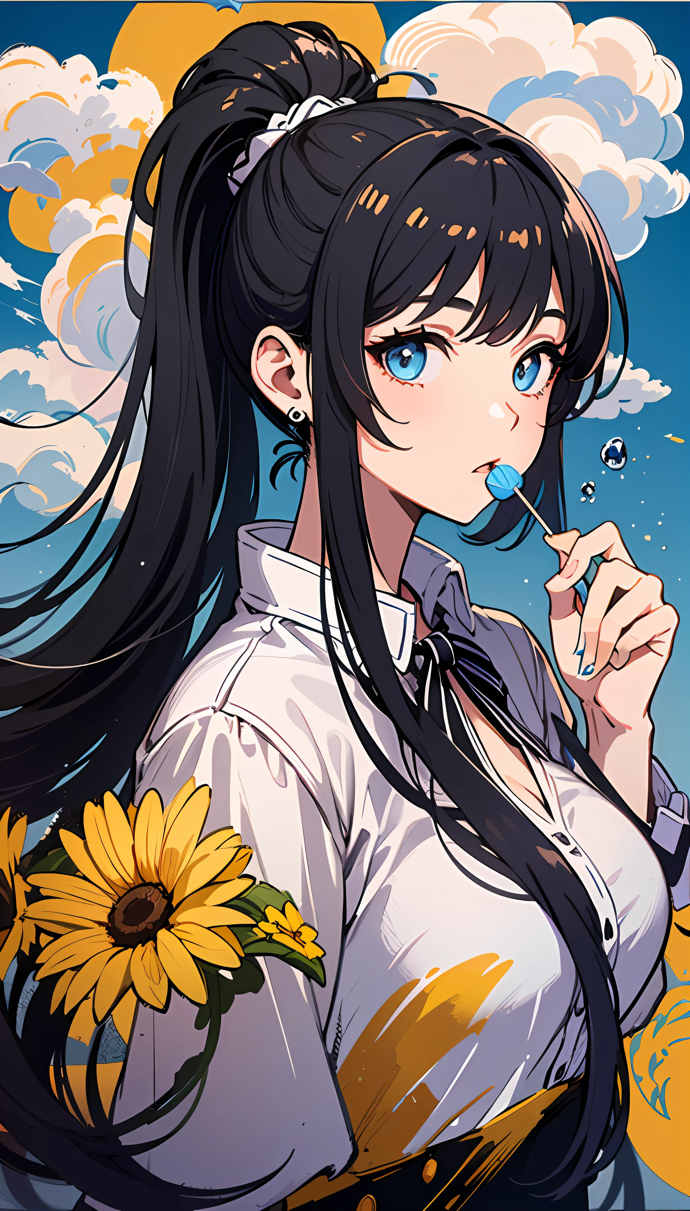 (masterpiece), (best quality), (ultra detailed),(disheed hair),(illustration), (1girl), (Fashionable clothing), standing, Fashion model, looking at viewer, (interview), (simple background), beautiful and delicate eyes, delicate beauty, floating, (high saturation), (colorful splash), colorful bubbles, (shine), focus on face, ponytail, black hair, bangs, hair circle, floating flowers, flowing hair, (shiny), best lighting, best shadow, holding a lollipop, rich background