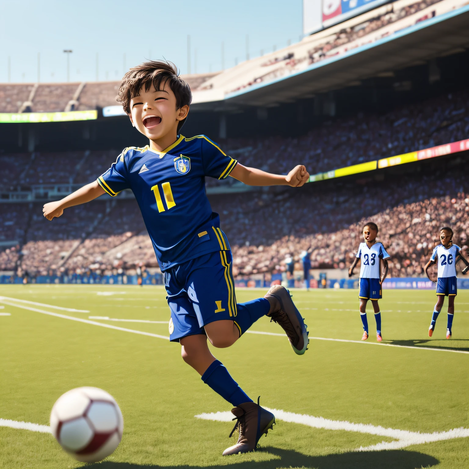 "Please create 20 images with different poses and expression that depict a 5-year-old boy playing ball with enthusiasm and joy. He is wearing the shirt of the Brazilian national team, with the number 10 on the back, short straight brown hair, and bright brown eyes. The boy is wearing a black boot and blue midriff. The scene takes place on a sunny football field, with verdant grass and a clear blue sky in the background. The kid is kicking the ball hard, with his arms open and an infectious smile on his face. Around him, other young players are watching with admiration and excitement. Make sure the image is vibrant, lively and conveys the excitement and love for football that this 5-year-old feels. Thank you --auto