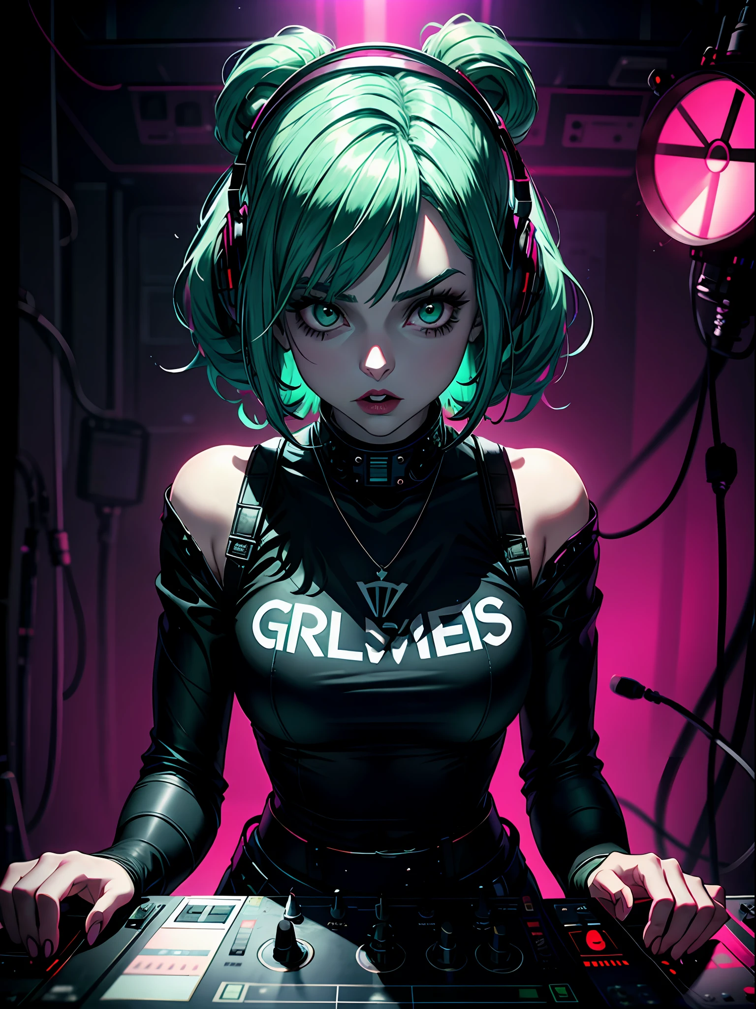 arafed woman with green hair playing a dj set in a dark room, looks like a mix of grimes, resembling a mix of grimes, dj sura, she looks like a mix of grimes, dj, crystal castles, cyber punk setting, billie eilish, techno mystic goddess, aleksandra waliszewska, grimes, looks a blend of grimes