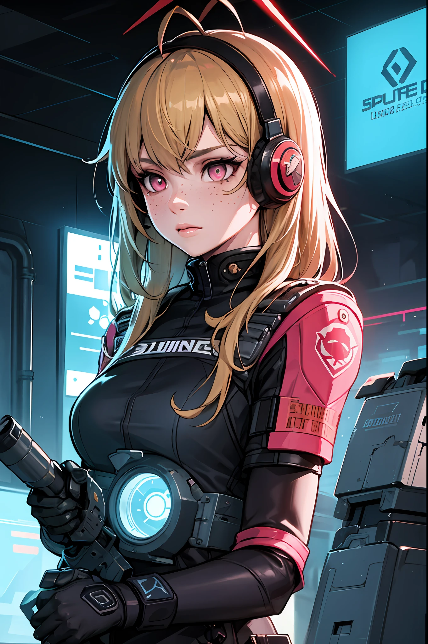 Comic art, limited-palette, (Evangeline Lilly:dua lipa), adult (elven:0.7) woman, freckles, pink eyes, natural blonde messy hair,style-rustmagic, solo, upper body, looking down, detailed background, detailed face, (militaristic authoritarian dictatorship theme:1.1), cyberpunk soldier, gunner, wearing dark orange tactical vest, antenna, dirt, headset, wrist-mounted weapon, grenades, flag, calm, taking cover, movement, power-core, glowing gray neon lights, fleet of spaceships in background, hazy mist, bloom, cinematic atmosphere,colorhalf00d,