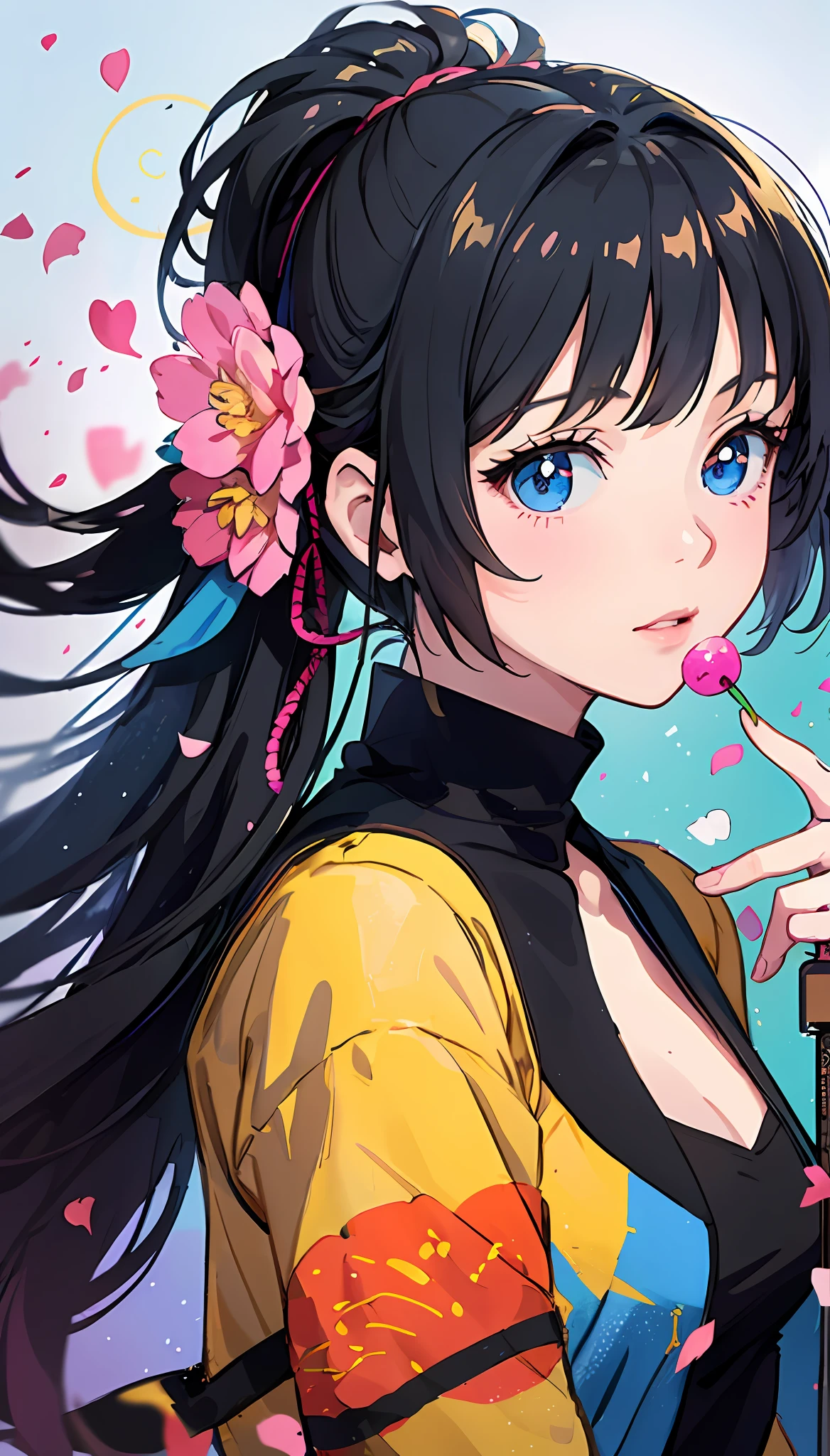 anime girl with long black hair and a yellow shirt holding a pink flower, anime style 4 k, anime moe artstyle, anime style portrait, detailed digital anime art, anime art wallpaper 4 k, anime art wallpaper 4k, high quality anime artstyle, anime style artwork, digital anime illustration, anime style illustration, anime wallpaper 4 k, anime wallpaper 4k