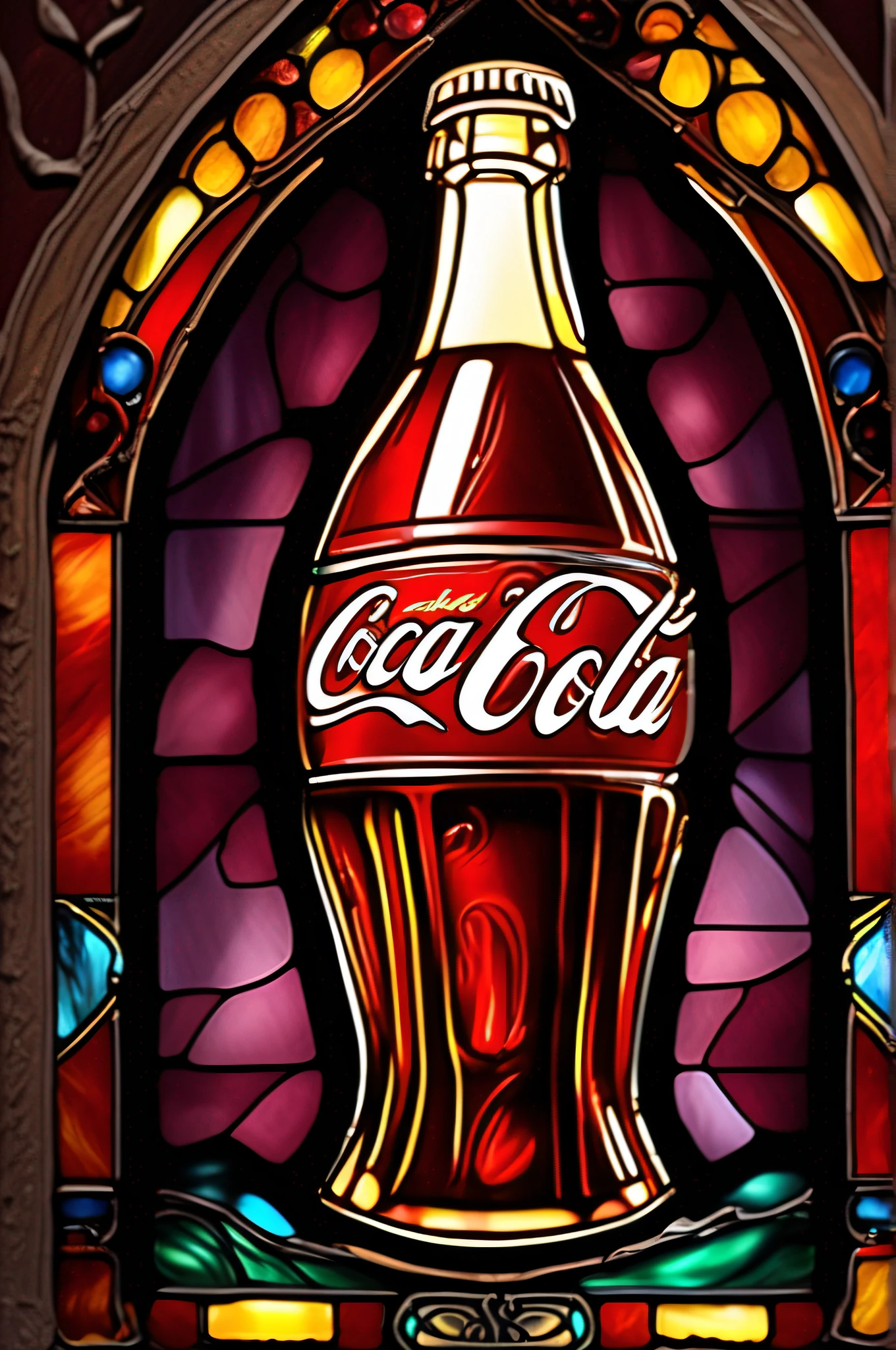 a stained glass painting of a coca cola bottle pouring cola in a coca cola glass in the style of classic coca cola bottle::1.5 and stained glass effects::1, beautiful composition, glowing glass